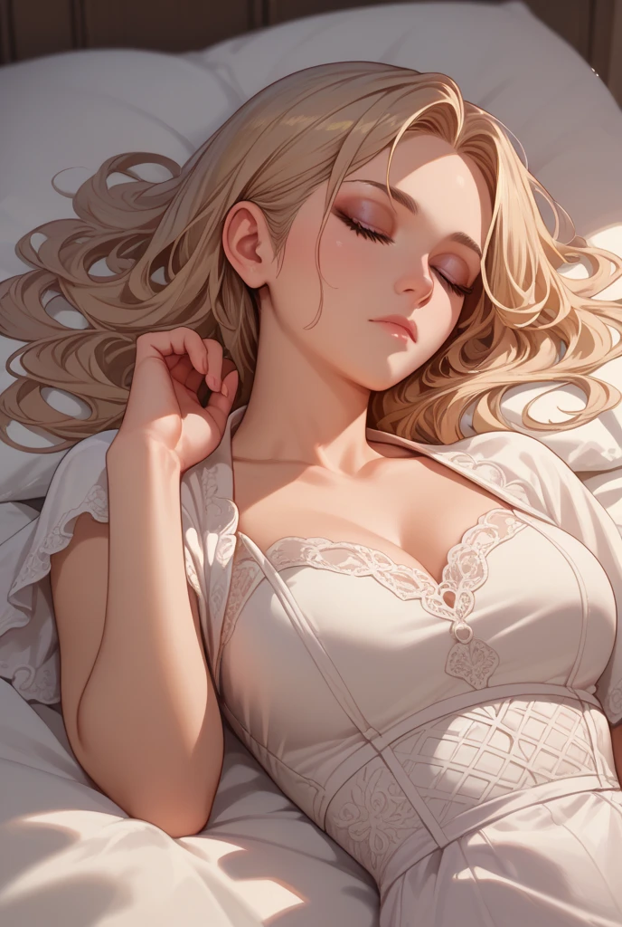 super fine illustration, ultra high resolution, masterpiece, highest quality, perfect dark skin, perfect lighting, detailed lighting, dramatic shadow, ray tracing, 1 beautiful white milf, ((small breasts)), exposed cleavage, sharp face, long bang, ((medium curly blond hair:1.2)), Upper body, Alice Abernathy - Resident Evil Series, Milla Jovovich, expression of ecstasy, closed eyes, half open mouth, ((babydoll:1.2)), (lie on your back on the bed:1.2), (spread leg), top down view,