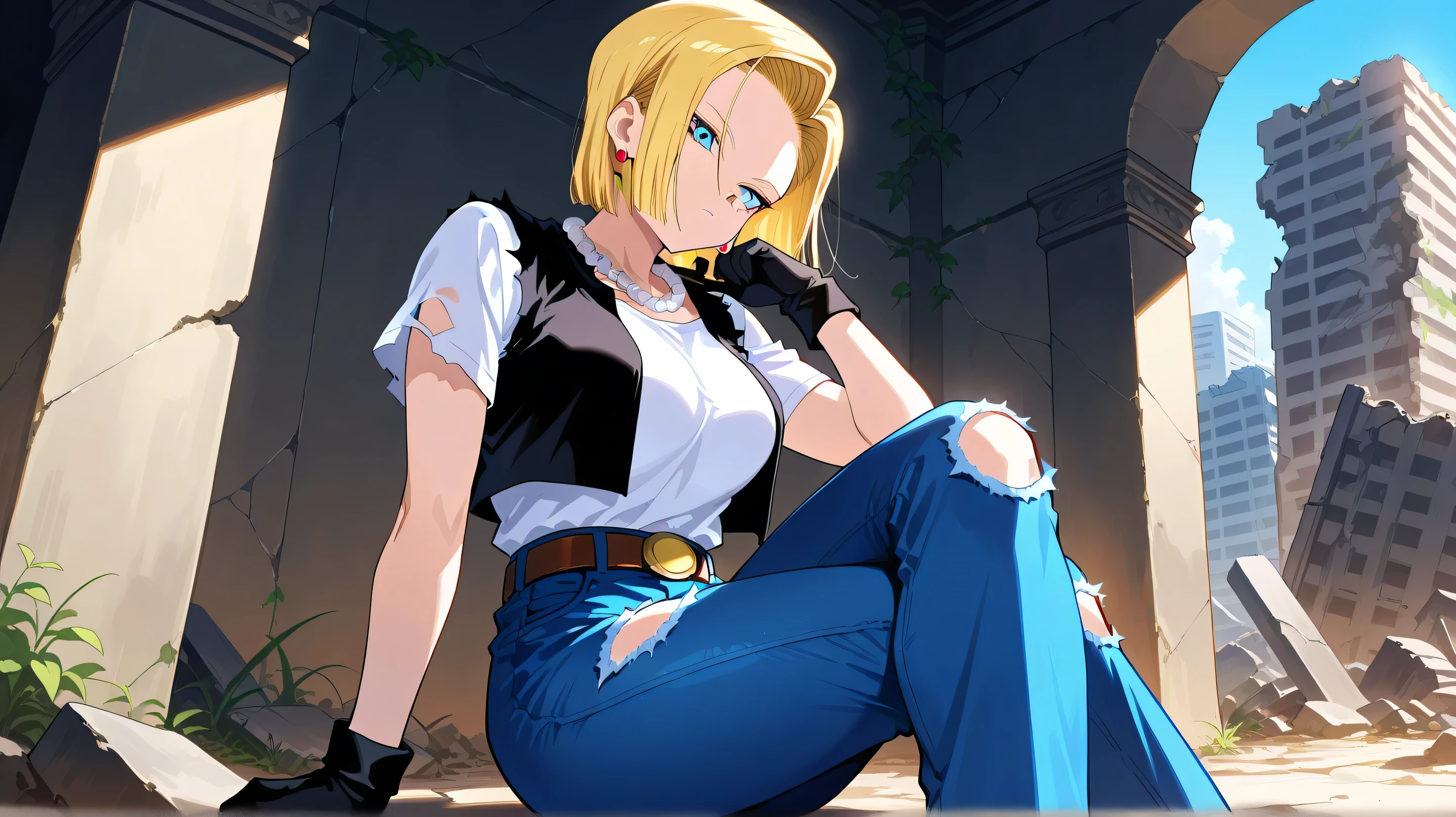 best quality, highres, and18, 1girl, android 18, solo, blonde hair, blue eyes, belt, jeans, pearl_necklace, bracelet, black gloves, white shirt, short hair, short sleeves, earrings, blue pants, open vest, black vest, large breasts, (ruins:1.3), (torn clothes:1.5), sitting, expressionless, crossed legs,