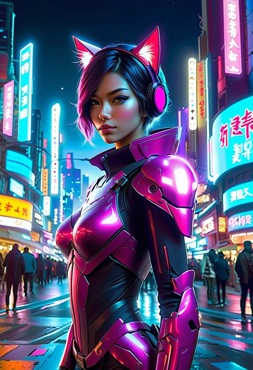 A girl with cat ears in a futuristic cyberpunk city, wearing neon armor, holding a glowing katana. Flying robotic cats in the background. best quality,ultra-detailed,realistic:1.37,moonlit,night scene,glowing stars,soft moonlight,subtle shadows,dimly lit foreground,hints of moonlight on the horizon,dark hues,contrasting light and dark,starlight reflections,glittering embellishments)