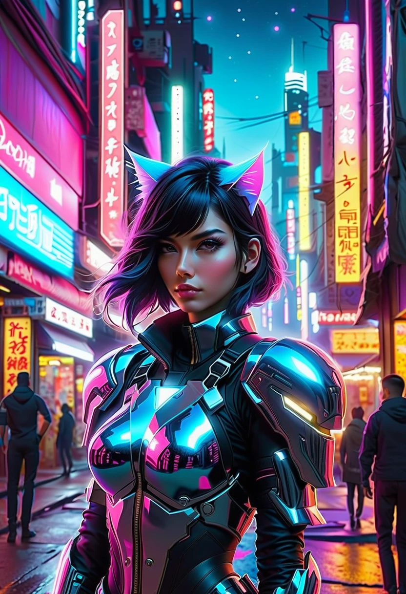 A girl with cat ears in a futuristic cyberpunk city, wearing neon armor, holding a glowing katana. Flying robotic cats in the background. best quality,ultra-detailed,realistic:1.37,moonlit,night scene,glowing stars,soft moonlight,subtle shadows,dimly lit foreground,hints of moonlight on the horizon,dark hues,contrasting light and dark,starlight reflections,glittering embellishments)