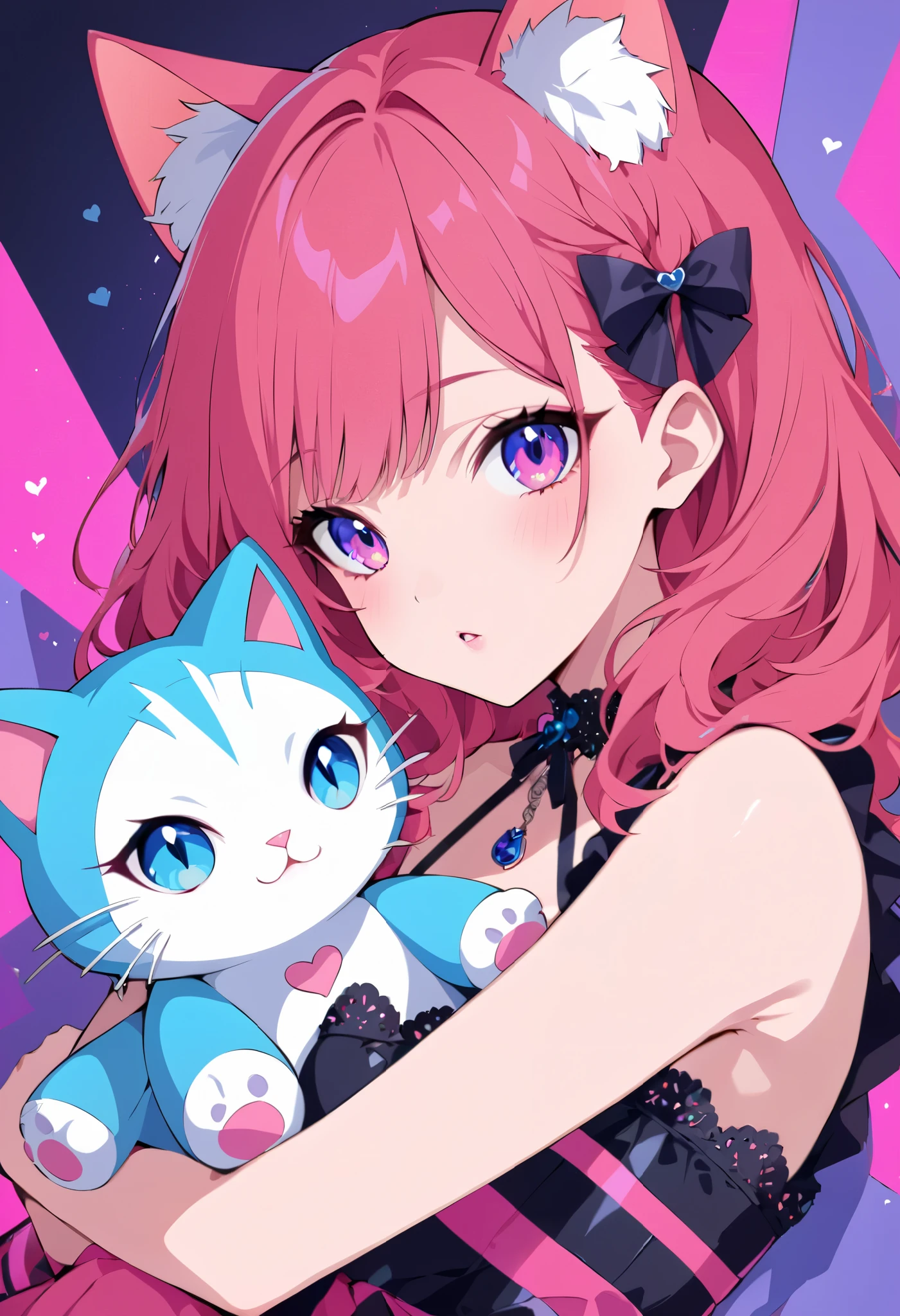 pop art, vivid passion color style, kiri mix, a cat-eared girl, solo, holding a boy stuffed toy, a strange look, she has a crush on you.