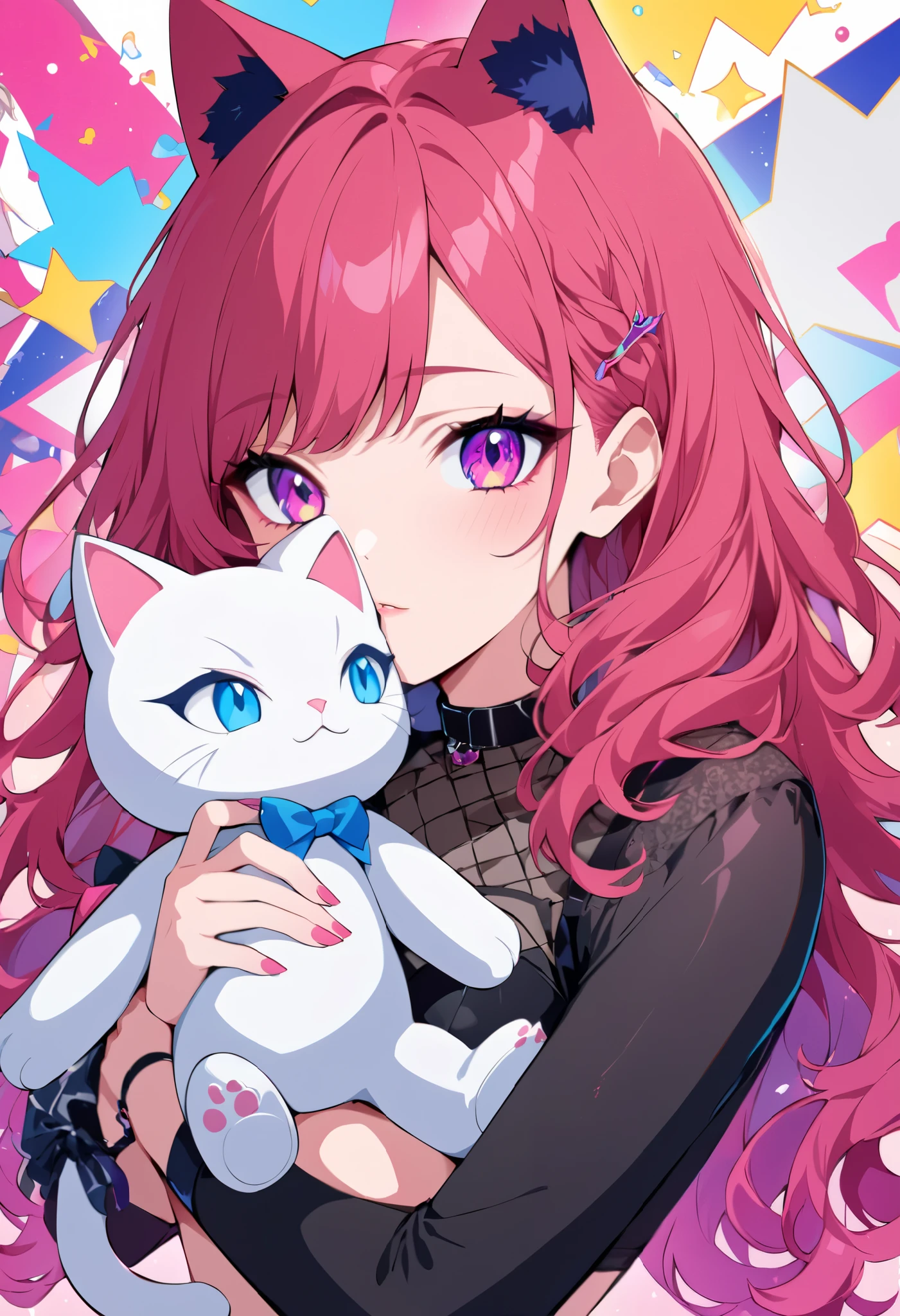 pop art, vivid passion color style, kiri mix, a cat-eared girl, solo, holding a human boy stuffed toy, a strange look, she has a crush on you.