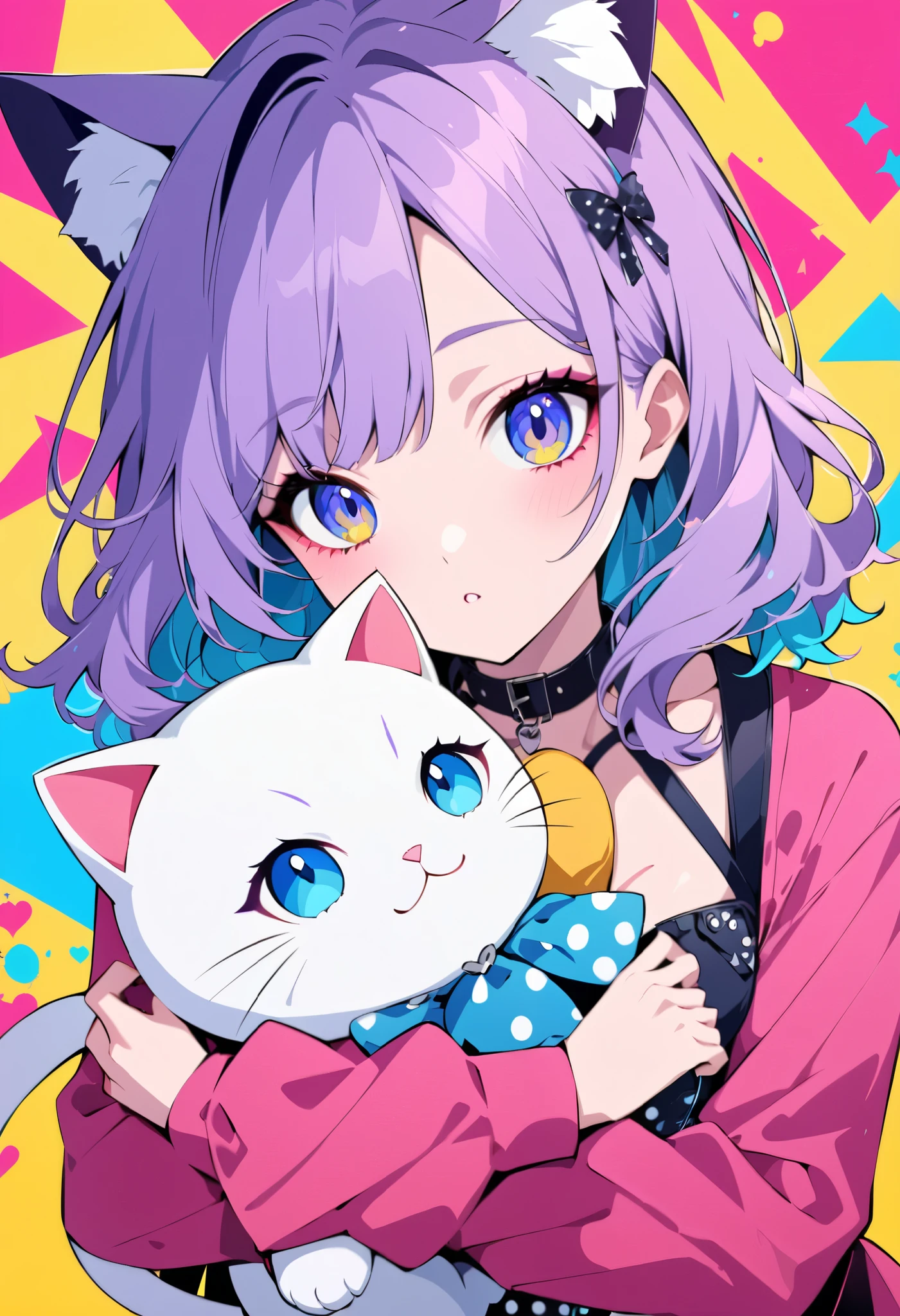 pop art, vivid passion color style, kiri mix, a cat-eared girl, solo, holding a human boy stuffed toy, a strange look, she has a crush on you.