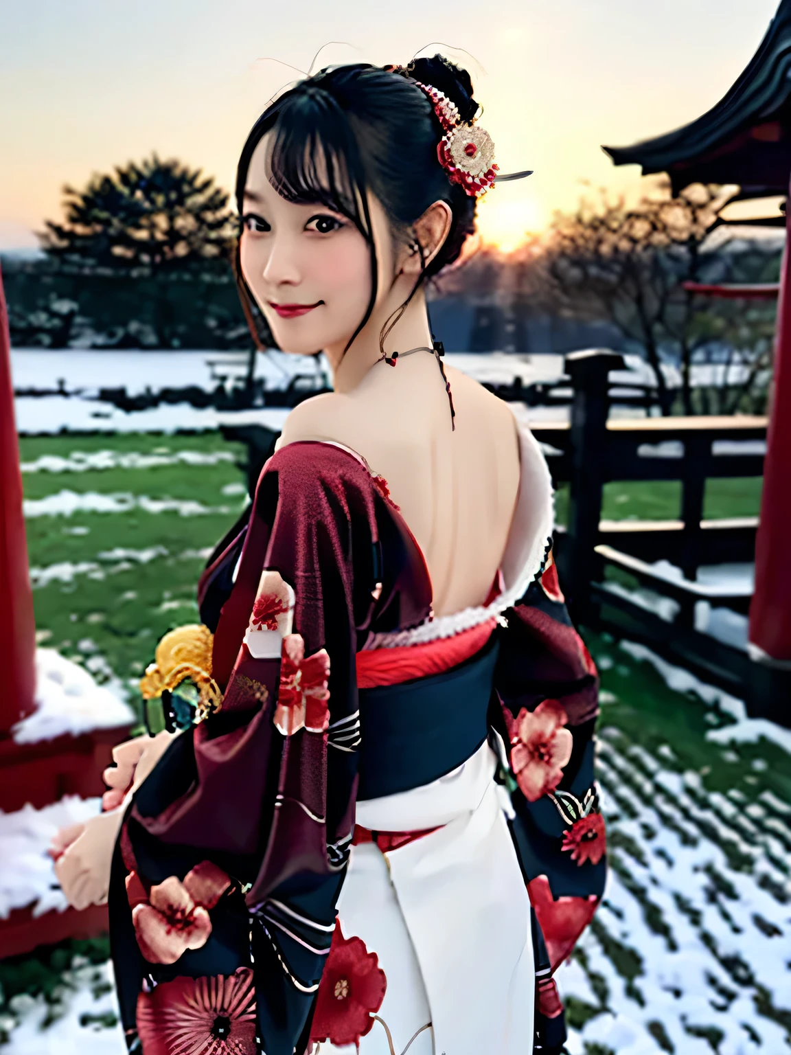 A breathtakingly beautiful 20-year-old woman with a slender physique, dressed in an elegant and luxurious black and red kimono suitable for the Japanese New Year. The background showcases a serene sunrise on New Year's Day, with a traditional Japanese shrine, snow-covered grounds, and vibrant red camellias in full bloom. The scene captures a harmonious blend of traditional beauty and the peaceful atmosphere of a snowy New Year's morning. smiles gently, FRIENDLY. smiles gently, ( RAW photos , top quality ), ( realistic, photo- realistic:1.4), masterpiece, extremely delicate and beautiful, extremely detailed, 2k wallpaper, amazing on the beach, detailed depiction , extremely detailed CG unity 8k wallpaper, Ultra Details, high res, Soft light, beautiful detailed girl looking back, extremely detailed eyes and face, beautiful detailed nose, beautiful detailed eyes, cinematic lighting, Perfect Anatomy, slender body.
