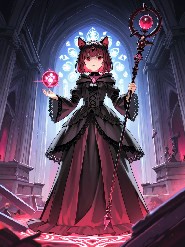 A gothic cat-eared witch with deep red eyes and a black lace gown stands in the ruins of an ancient cathedral. Her cat ears are adorned with glowing runes, and she holds a staff with a crystal orb, radiating dark energy. In the background, cat spirits move through the shadows.