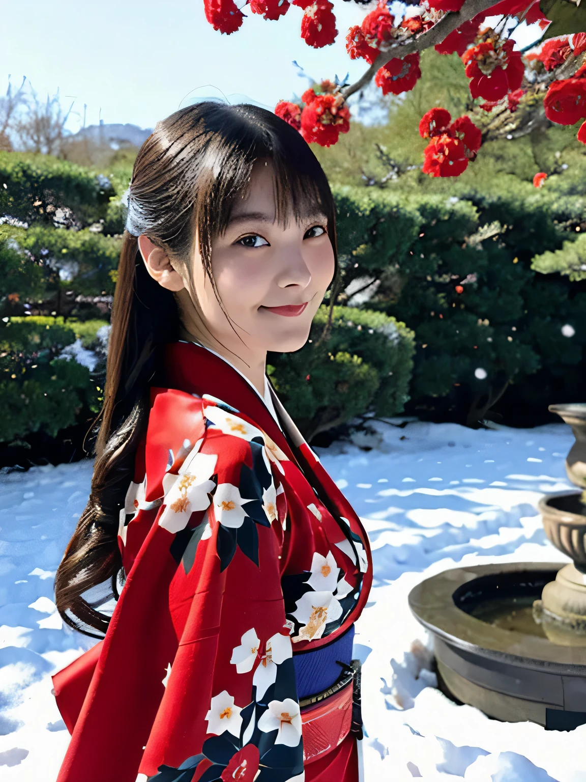 A breathtakingly beautiful 20-year-old woman with a slender physique, dressed in an elegant and luxurious black and red kimono suitable for the Japanese New Year. The background showcases a serene sunrise on New Year's Day, with a traditional Japanese shrine, snow-covered grounds, and vibrant red camellias in full bloom. The scene captures a harmonious blend of traditional beauty and the peaceful atmosphere of a snowy New Year's morning. smiles gently, FRIENDLY. smiles gently, ( RAW photos , top quality ), ( realistic, photo- realistic:1.4), masterpiece, extremely delicate and beautiful, extremely detailed, 2k wallpaper, amazing on the beach, detailed depiction , extremely detailed CG unity 8k wallpaper, Ultra Details, high res, Soft light, beautiful detailed girl looking back, extremely detailed eyes and face, beautiful detailed nose, beautiful detailed eyes, cinematic lighting, Perfect Anatomy, slender body.
