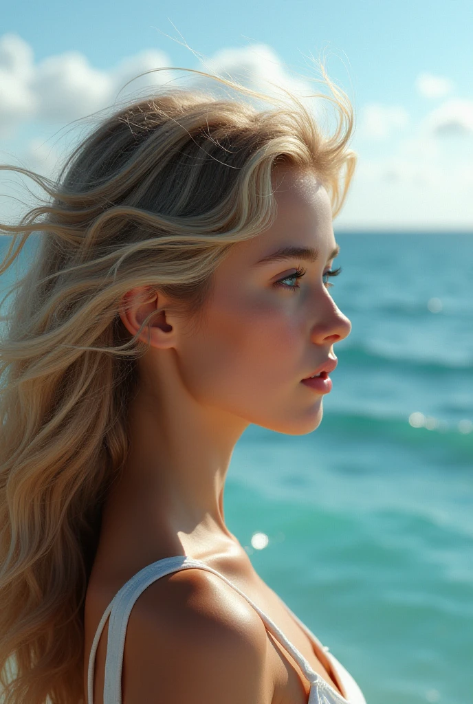 Create a stunning YouTube video thumbnail featuring a beautiful 25-year-old long-haired woman:1. Composition:
- Woman positioned on the right side of the frame, facing slightly to the left
- "I Love Trance" text on the left side
- Tropical beach background Woman's features:
- Long, flowing hair in snow-white color with ethereal blue streaks ,Hair dramatically billowing in the wind
- Striking, expressive eyebrows and long eyelashes
- Elegant, eye-catching makeup
- Wearing futuristic white headphones with neon blue accents,Atmospheric effects:
- Surrounded by a misty aura of blue dust particles
- Gradient of blue and complementary tones in the surrounding mist"I Love Trance" text:Large, volumetric 3D lettering,Vibrant color scheme: gradient from bright carrot orange to deep black,Eastern-inspired calligraphy or decorative elements in the text design,Slightly raised or floating appearance for depth,Background elements:
- Bright, inviting tropical beach scene
- Crystal-clear, turquoise ocean water
- Fine, white sand
- Palm trees swaying gently
- Sky filled with heart-shaped clouds, Lighting and color:Overall warm, golden sunlight washing over the scene,Vibrant, saturated colors throughout
- Subtle lens flare or light leak effect for added atmosphere,Post-processing:
- High contrast for a punchy, eye-catching look
- Slight vignette to draw focus to the center
- Subtle glow around the woman and text for an ethereal feel
8. Additional details:
- Small music notes or sound waves emanating from the headphones
- Faint, colorful energy lines flowing through the image for a sense of movement
- Subtle reflections in the woman's eyes to bring them to life
Aim for a harmonious blend of realism and fantasy, creating an irresistibly attractive and professional-looking thumbnail that captures the essence of trance music and tropical paradise.