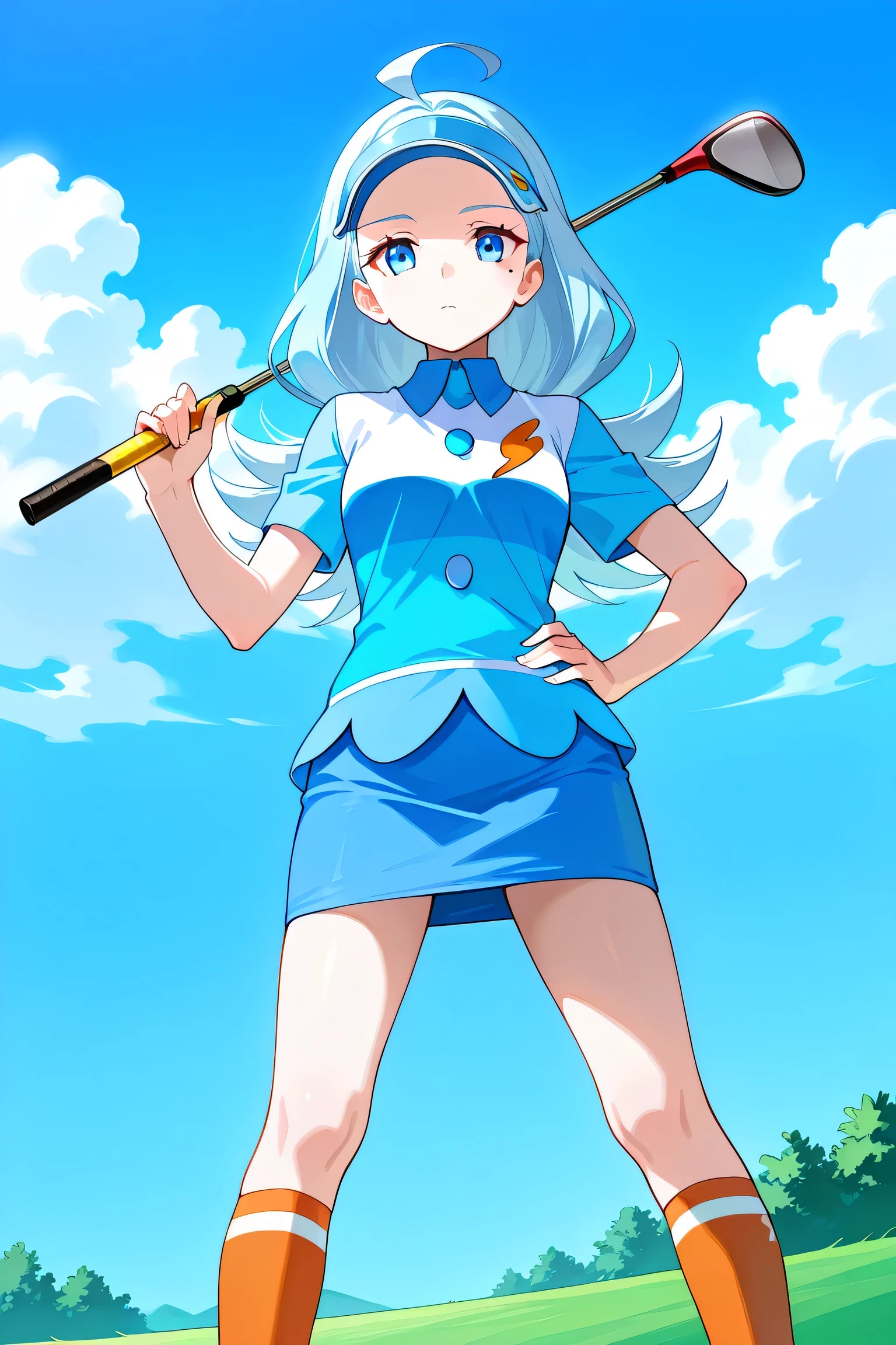 masterpiece, best quality, solo, 1girl, k4hili, mole under eye, expressionless, looking at viewer, standing, hand on own hip, holding golf club, over shoulder, long hair, light blue hair, flipped hair, ahoge, blue headwear, visor cap, blue eyes, blue shirt, collared shirt, striped shirt, buttons, short sleeves, blue skirt, miniskirt, pencil skirt, orange socks, kneehighs, outdoors, blue sky, cloud, grass, golf course
