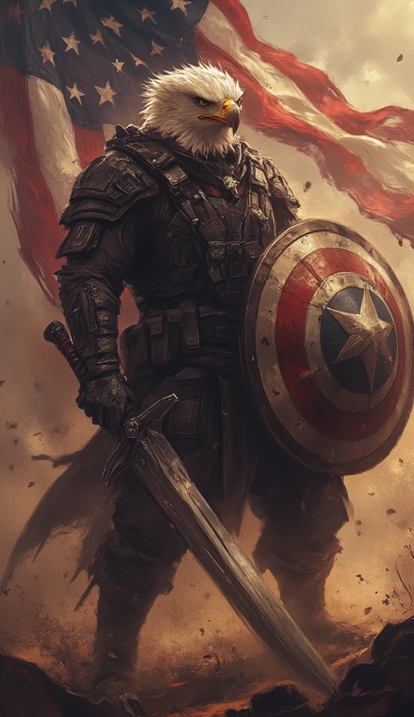 A bald eagle warrior in modern tactical gear, holding a shield with stars, standing in front of a flag.