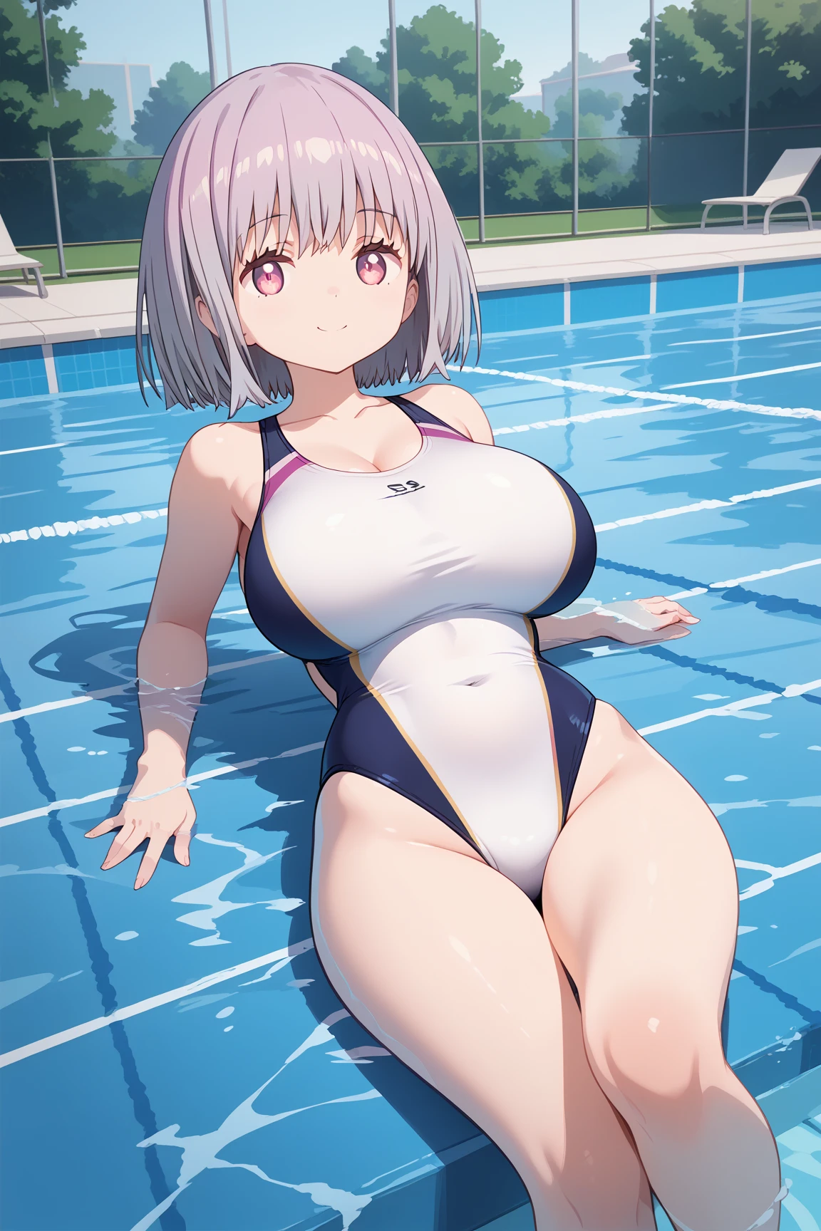 ( top quality ), ( top quality の髪), accurate anatomy, masterpiece, super detailed,  top quality の顔,  top quality の髪, ultra-fine painting, ( finger without bankruptcy),
SSSS GRIDMAN, Shinjo Akane, water park, pool, competition swimsuit, huge breasts,  bewitching smile , 

floating on the water surface, On your back, sleepy,