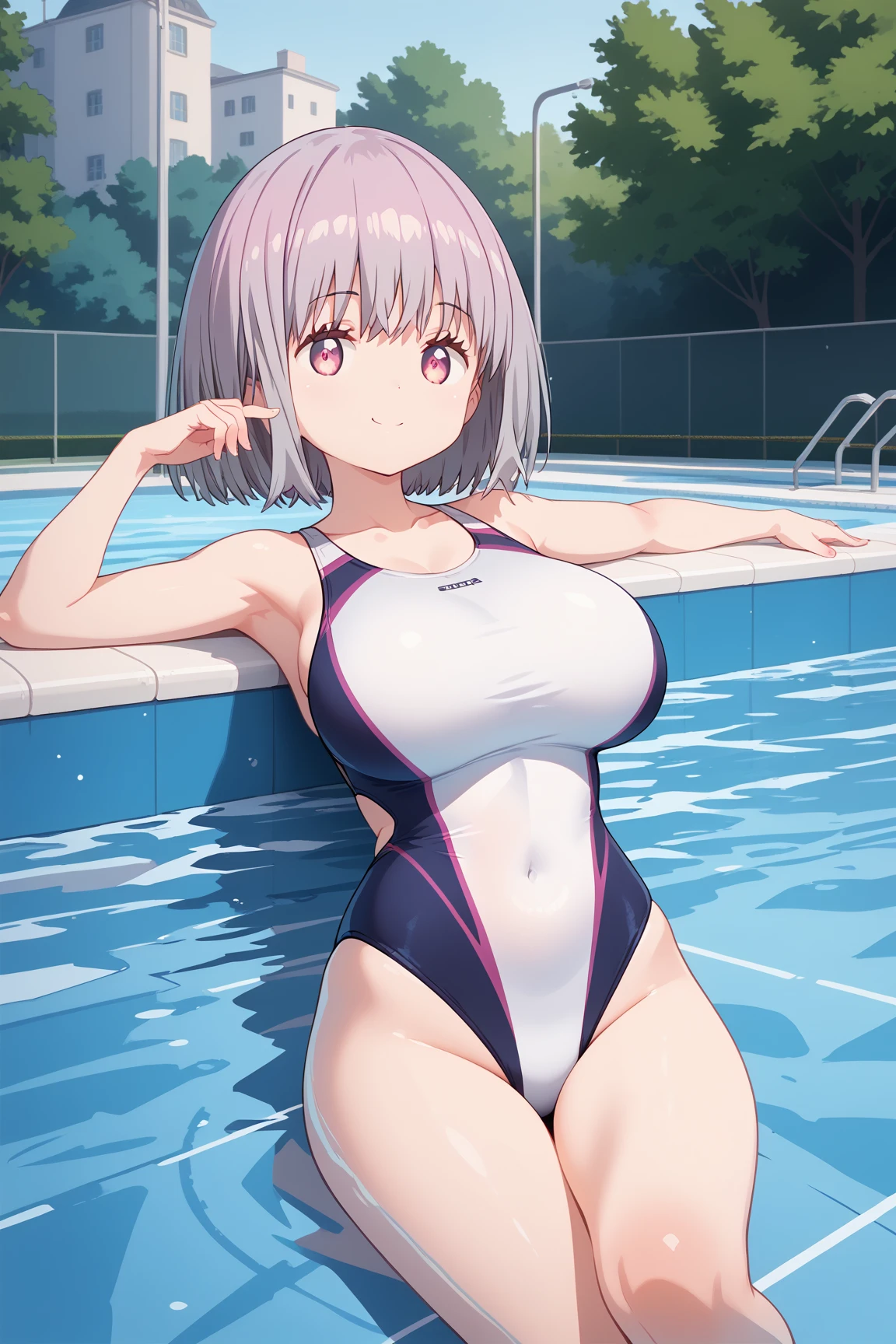 ( top quality ), ( top quality の髪), accurate anatomy, masterpiece, super detailed,  top quality の顔,  top quality の髪, ultra-fine painting, ( finger without bankruptcy),
SSSS GRIDMAN, Shinjo Akane, water park, pool, competition swimsuit, huge breasts,  bewitching smile , 

floating on the water surface, On your back, sleepy,