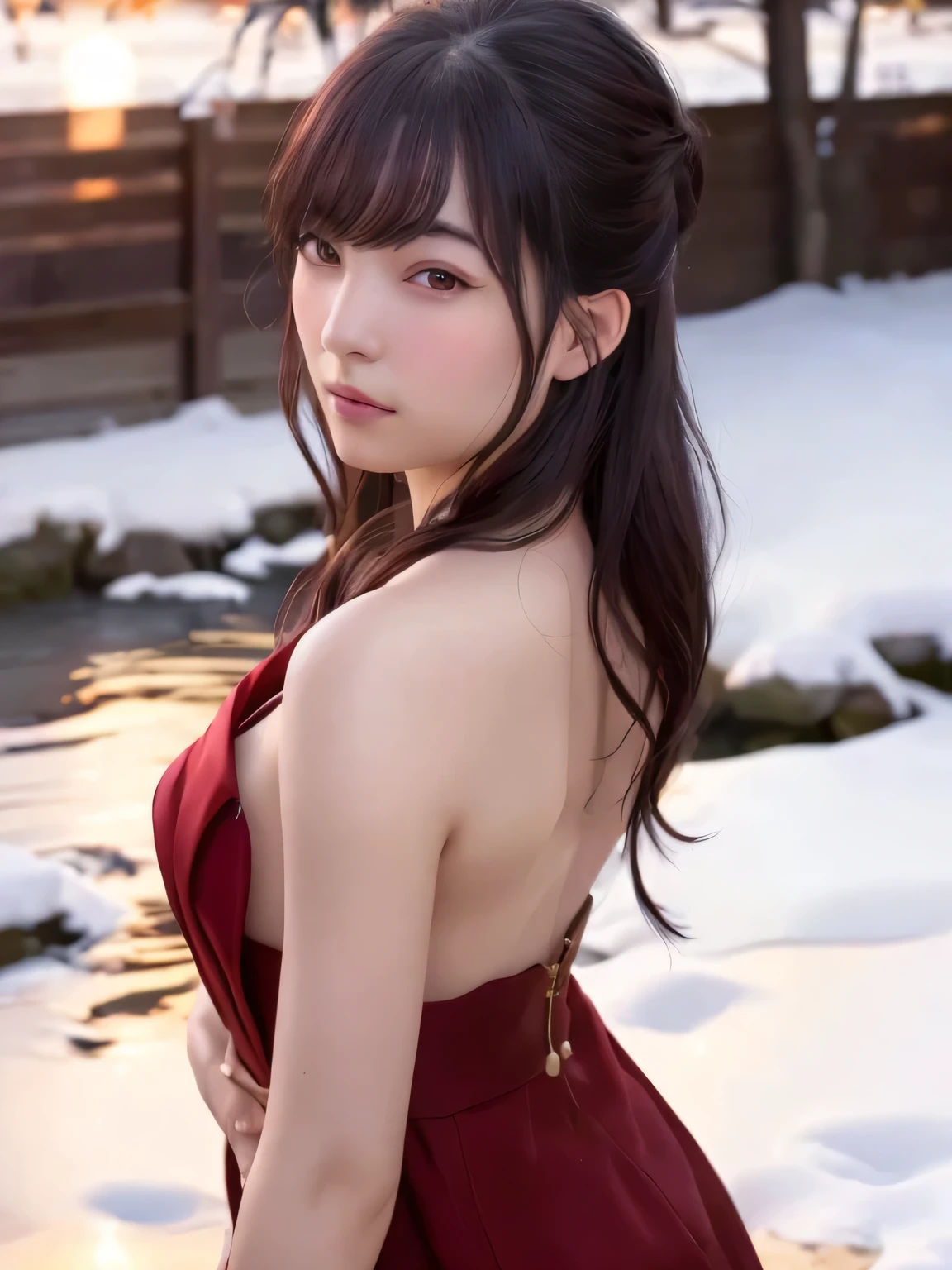 A breathtakingly beautiful 20-year-old woman with a slender physique, dressed in an elegant and luxurious black and red kimono suitable for the Japanese New Year. The background showcases a serene sunrise on New Year's Day, with a traditional Japanese shrine, snow-covered grounds, and vibrant red camellias in full bloom. The scene captures a harmonious blend of traditional beauty and the peaceful atmosphere of a snowy New Year's morning. smiles gently, FRIENDLY. smiles gently, ( RAW photos , top quality ), ( realistic, photo- realistic:1.4), masterpiece, extremely delicate and beautiful, extremely detailed, 2k wallpaper, amazing on the beach, detailed depiction , extremely detailed CG unity 8k wallpaper, Ultra Details, high res, Soft light, beautiful detailed girl looking back, extremely detailed eyes and face, beautiful detailed nose, beautiful detailed eyes, cinematic lighting, Perfect Anatomy, slender body.