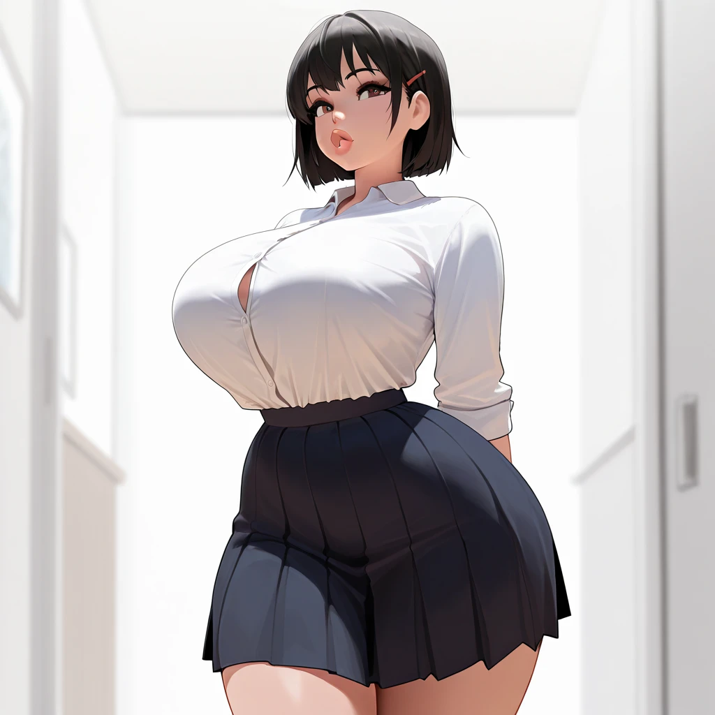 (best quality), (masterpiece), 1 girl, early 20's, huge heavy breasts, thick, thick lips, wide hips, thin waist, tented shirt, shirt in skirt, button up blouse