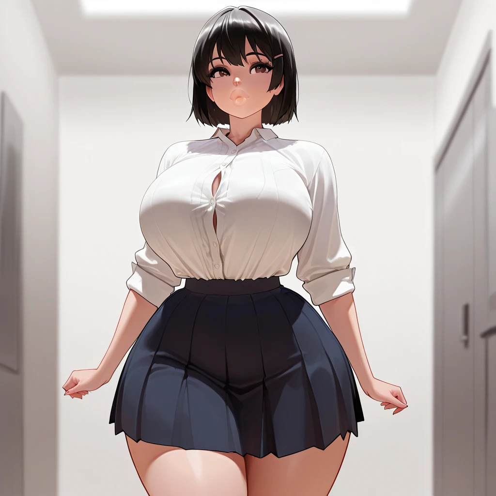 (best quality), (masterpiece), 1 girl, early 20's, huge heavy breasts, thick, thick lips, wide hips, thin waist, tented shirt, shirt in skirt, button up blouse