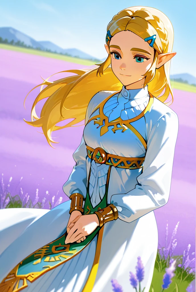 1girl, princess zelda, blonde hair, blue eyes, gown of white and lavender with gold accents, hair ornament, light smile, meadow, day,