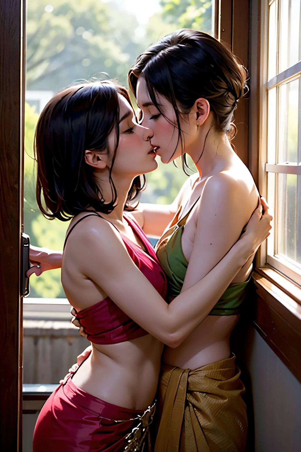 (NSFW:-0.98) . White and Red, (Dazzling colorful light pours down and reflects:1.2), (Volumetric lighting, Physically-based Rendering with incredible detailed Textures), Award-winning Masterpiece of professional Analogue photo, Hasselblad Open aperture, (((UltraRealistic and Photorealistic with touch of rawness:1.37))), (((Acutance:0.85), { from below | from side } )) BREAK . ((A group photo of many KAWAII girls in (Loose opened school uniform))) with ((visible Cleavage)) and Navel ((without bra)) . (((Extremely detailed KAWAII face variations)) with joyful expressions), { Detailed natural eyes with sparkling highlights and long eyelashes | Rosy cheeks | Navel | (pretty Ass) | Down blouse | Oiled ivory skin Textures | White panties with menses | ((full of Flowers covering girl's body:1.15)) | (Dazzling colorful stained glass with stunning elaborate details) | Mystic sight | God rays | Haze | Lens flare | Luminescent particles | Kissing face to face } . Ultra-detailed, (((Nipple:-0.9))) .
