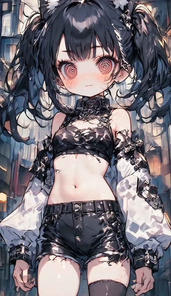 Painting of water, mud and thunderclouds, top quality, High resolution,(A frame made of chains and ruins),pretty girl、Small eyes、(Flat Chest), ((Odd colored hair,green,purple,yellow)), beautiful、、Tattered denim pants、Tattered black tank top、Circus、Collar with a large chain、Clown、Bold Pose