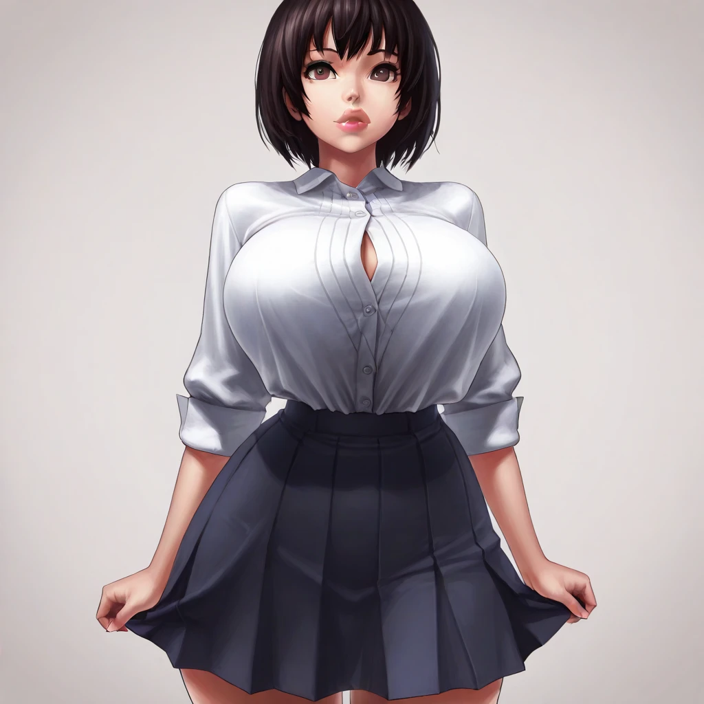 (best quality), (masterpiece), 1 girl, early 20's, huge heavy breasts, thick, thick lips, wide hips, thin waist, tented shirt, shirt in skirt, button up blouse