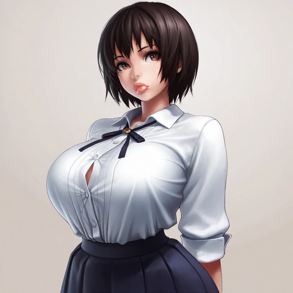 (best quality), (masterpiece), 1 girl, early 20's, huge heavy breasts, thick, thick lips, wide hips, thin waist, tented shirt, shirt in skirt, button up blouse