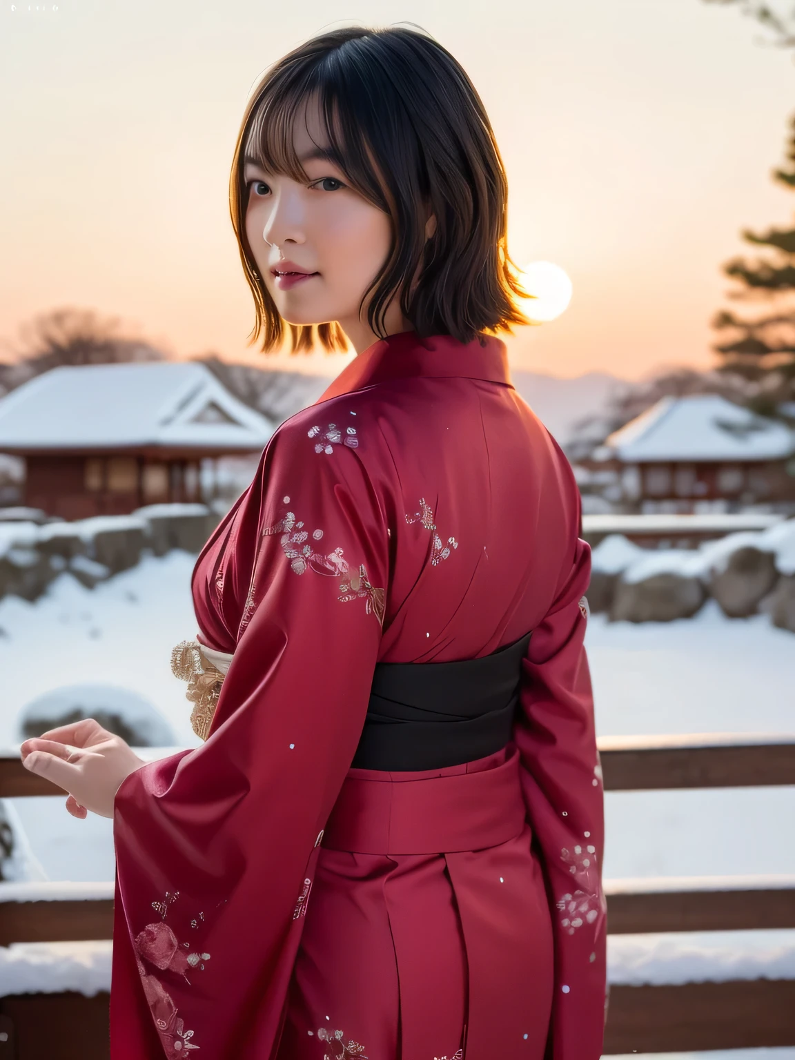 A breathtakingly beautiful 20-year-old woman with a slender physique, dressed in an elegant and luxurious black and red kimono suitable for the Japanese New Year. The background showcases a serene sunrise on New Year's Day, with a traditional Japanese shrine, snow-covered grounds, and vibrant red camellias in full bloom. The scene captures a harmonious blend of traditional beauty and the peaceful atmosphere of a snowy New Year's morning. smiles gently, FRIENDLY. smiles gently, ( RAW photos , top quality ), ( realistic, photo- realistic:1.4), masterpiece, extremely delicate and beautiful, extremely detailed, 2k wallpaper, amazing on the beach, detailed depiction , extremely detailed CG unity 8k wallpaper, Ultra Details, high res, Soft light, beautiful detailed girl looking back, extremely detailed eyes and face, beautiful detailed nose, beautiful detailed eyes, cinematic lighting, Perfect Anatomy, slender body.
 