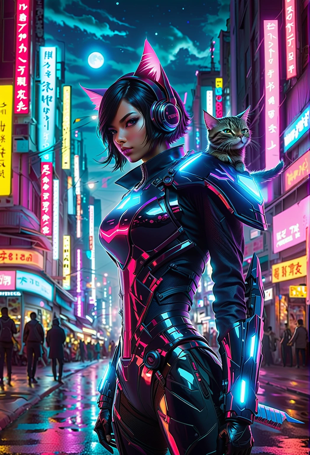 A girl with cat ears in a futuristic cyberpunk city, wearing neon armor, holding a glowing katana. Flying robotic cats in the background. best quality,ultra-detailed,realistic:1.37,moonlit,night scene,glowing stars,soft moonlight,subtle shadows,dimly lit foreground,hints of moonlight on the horizon,dark hues,contrasting light and dark,starlight reflections,glittering embellishments)