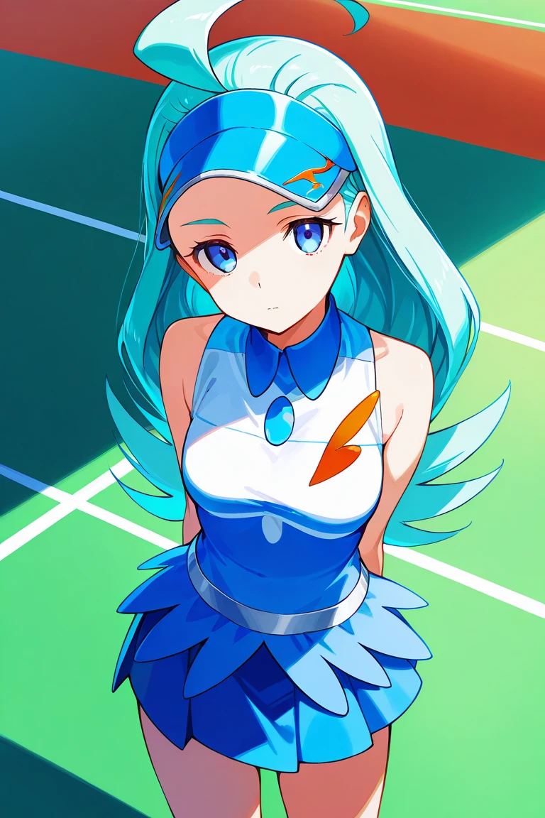 (masterpiece, best quality:1.2), cowboy shot, solo, 1girl, kahili, expressionless, looking at viewer, arms behind back, visor cap, collared shirt, sleeveless, skirt, tennis court