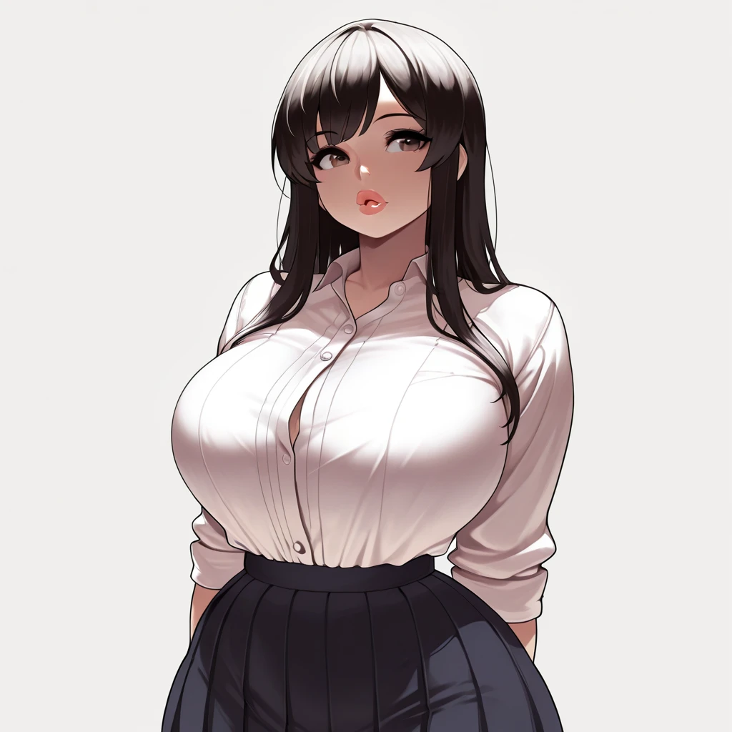 (best quality), (masterpiece), 1 girl, early 20's, huge heavy breasts, thick, thick lips, wide hips, thin waist, tented shirt, shirt in skirt, button up blouse