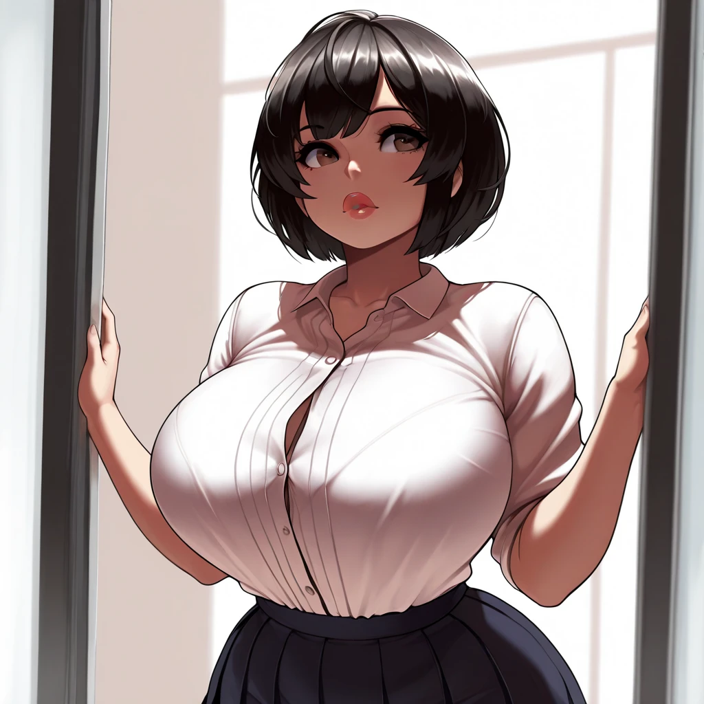 (best quality), (masterpiece), 1 girl, early 20's, huge heavy breasts, thick, thick lips, wide hips, thin waist, tented shirt, shirt in skirt, button up blouse