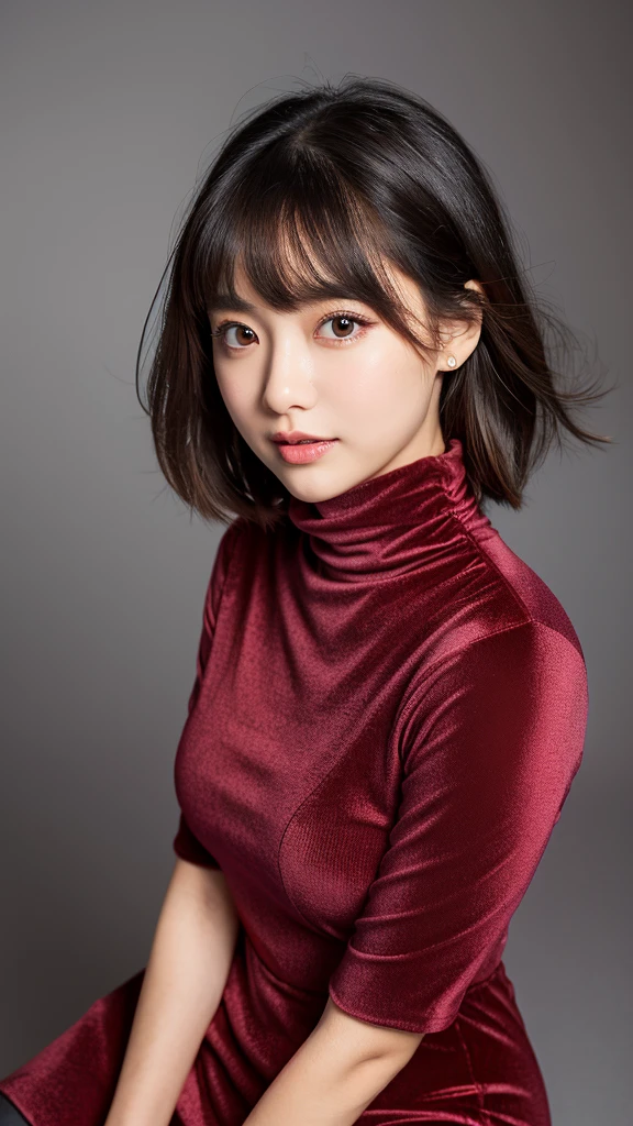ikasa,19 year old young woman , Best quality, High resolution, Short hair, Black eyes, look at the viewer, wearing a red shirt , plain blue backgrown ,beauty, Highest quality , high resolution