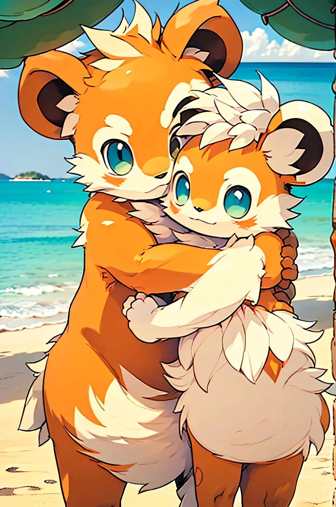 there are two bears hugging on the beach near the ocean, cute anime, it's is relaxing on a beach, anime background, by Kubisi art, 4 k manga wallpaper, hugging, beautiful wallpaper, amazing wallpaper, by Tadashi Nakayama, very calm and wholesome, cute digital art, cute detailed digital art, naughty, Pixar, dutch angle, UHD, masterpiece, award winning, 4K