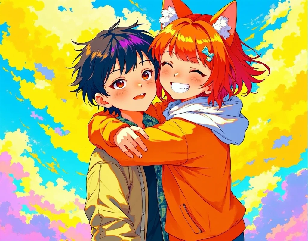 masterpiece, top quality :1.2,(a cute cat-eared girl),(red-brown hair),(she hugs the shy boy, strong hugging),(big smile,Cheerful and playful), (girly clothes),a boy( very embarrassing,black hair,Simple Outfit,Hand-drawn illustration, Intense colors, stylish anime, Dynamic Poses,Very happy atmosphere