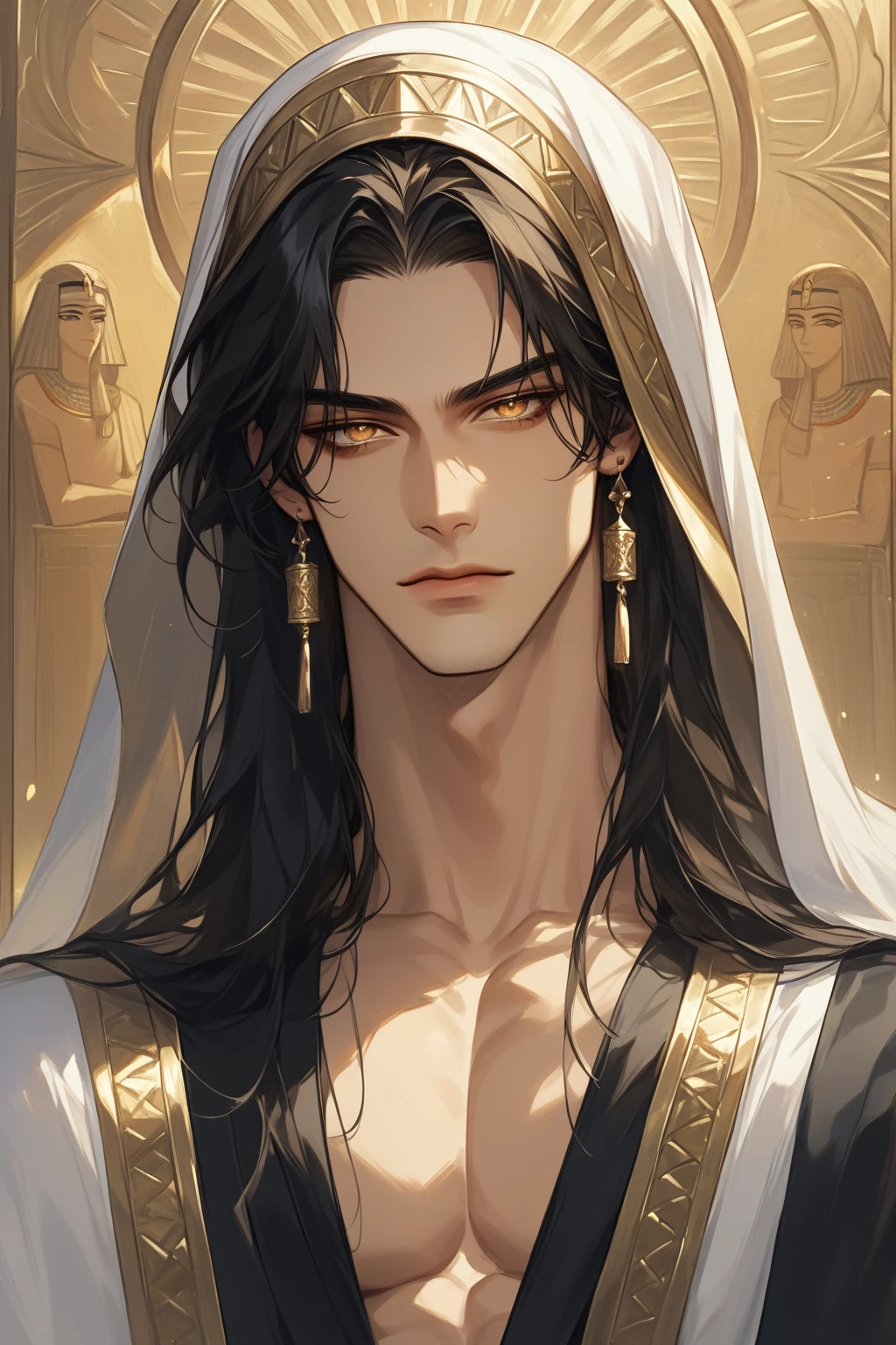 (score_9, score_8_up), long hair, masterpiece, best quality, 1 man , black hair , perfect face , gold eye , handsome male , Alone, adult male , delicate line drawingimpasto, masterpiece, high resolution, Top quality, unique , 1 male , nice , tanned skin , black haired, a sultan, Egypt, open clothes