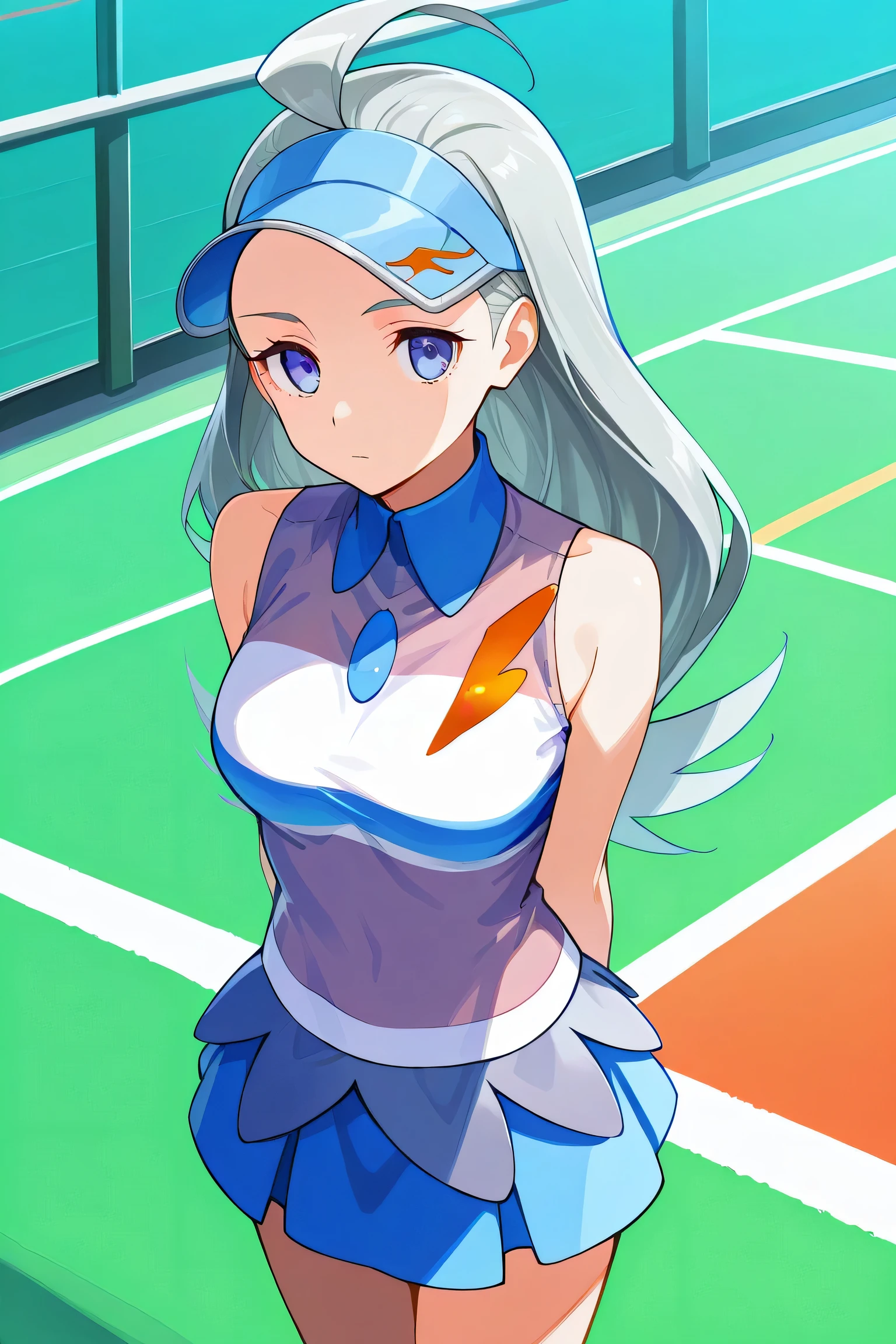 (masterpiece, best quality:1.2), cowboy shot, solo, 1girl, kahili, expressionless, looking at viewer, arms behind back, visor cap, collared shirt, sleeveless, skirt, tennis court