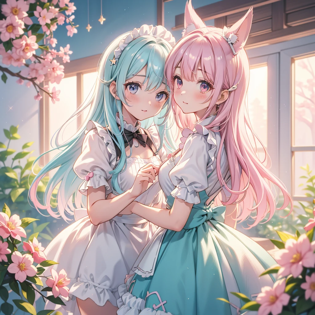  Highest Masterpieces,  top quality ,  Ultra Details, Beautiful shading,  cinematic lighting, (ox), studio lighting,  cute, Cute,  cute pastel colors, on ears in pastel pink, Pastel Blue Iridescent Hair , hair with highlights,  Maid Dream Maid Wear Clothes, 個の日本のメイドカフェ衣装のような cute顔,  adorable,  mature woman, Decora, Many accessories, hairclip,  Ornaments ,  hair accessory, star, heart, Sparkling, clip, Twiser, bell, Pastel Maid Outfits ,  Pastel Pink Sleeves ,  Yellow Details ,