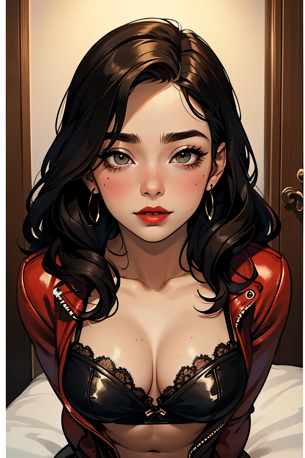 1girl,a beautiful fashion model ,(masterpiece, detailed background, best quality), shoulder length and shiny hair, black hair,smirk,juicy lips,red lips, lingerie, , elegant makeup, exhibitionism, influencer, thot, (((pov, missionary, sexual, sex, man having sex with girl))) full body, body shot,