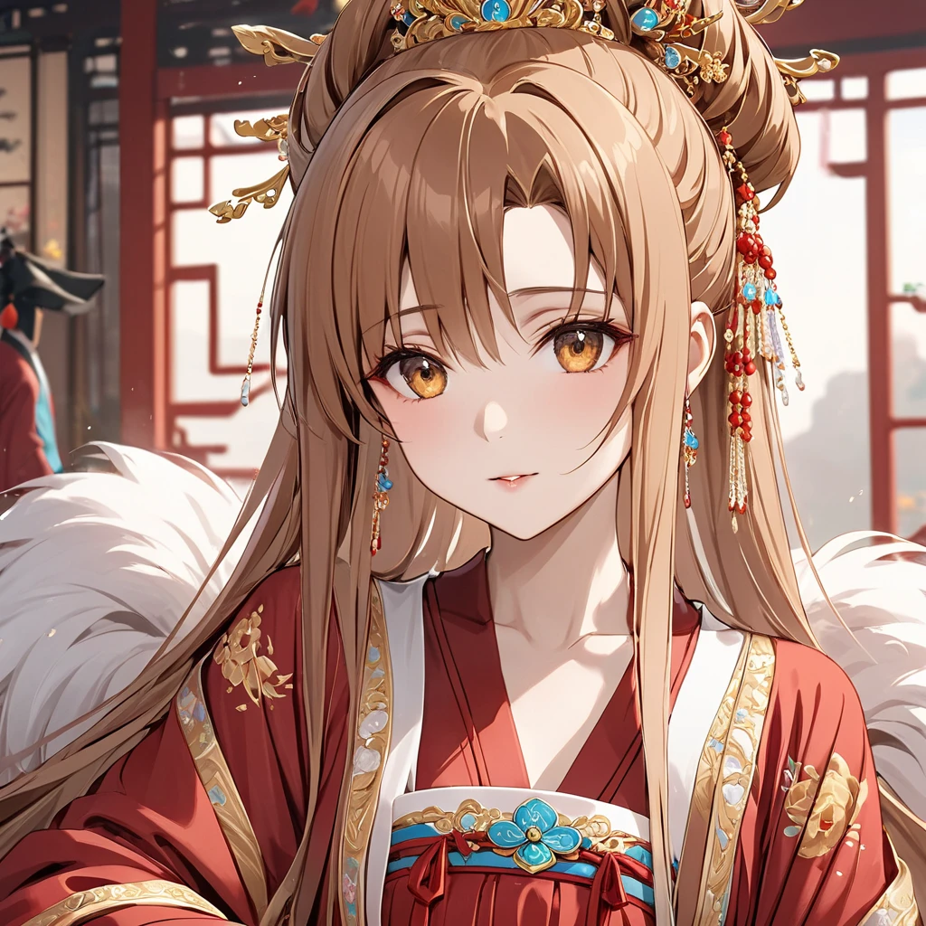 (( top quality )), ((masterpiece)), ( Details), （perfect face）、Yuki Asuna, who has bright brown hair, wears the red Hanfu of the ancient Chinese empress with gorgeous and enchanting golden embroidery and edging, and wears the luxurious accessories of the ancient Chinese empress