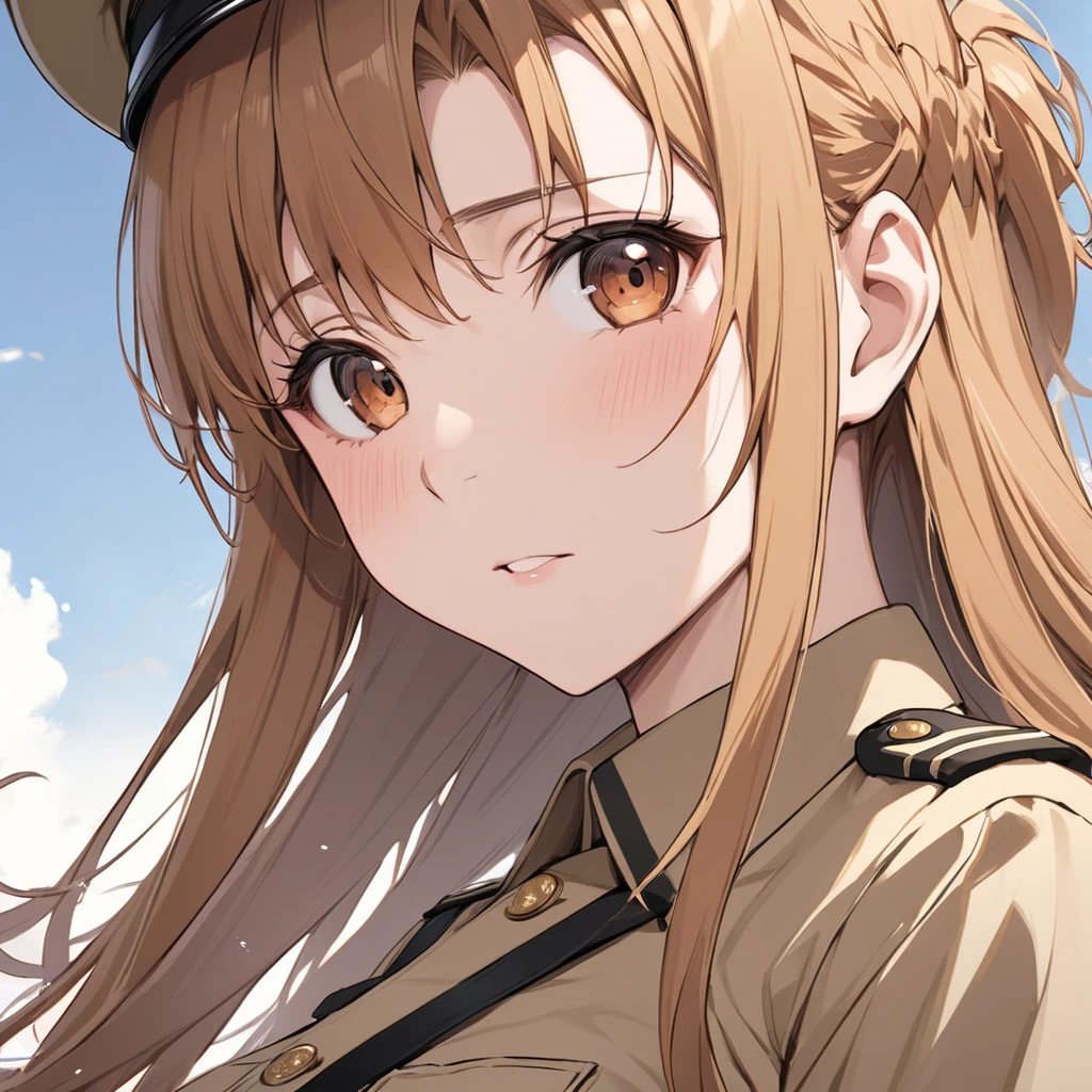 <lora:Shirley-10:1> Shirley , portrait , upper body , 1Girl , Solo , long hair , orange hair , green jacket , belt , (white panties) , blue eyes , military , tie , green military uniform , brown boots , standing , smile , bunny ears ,
