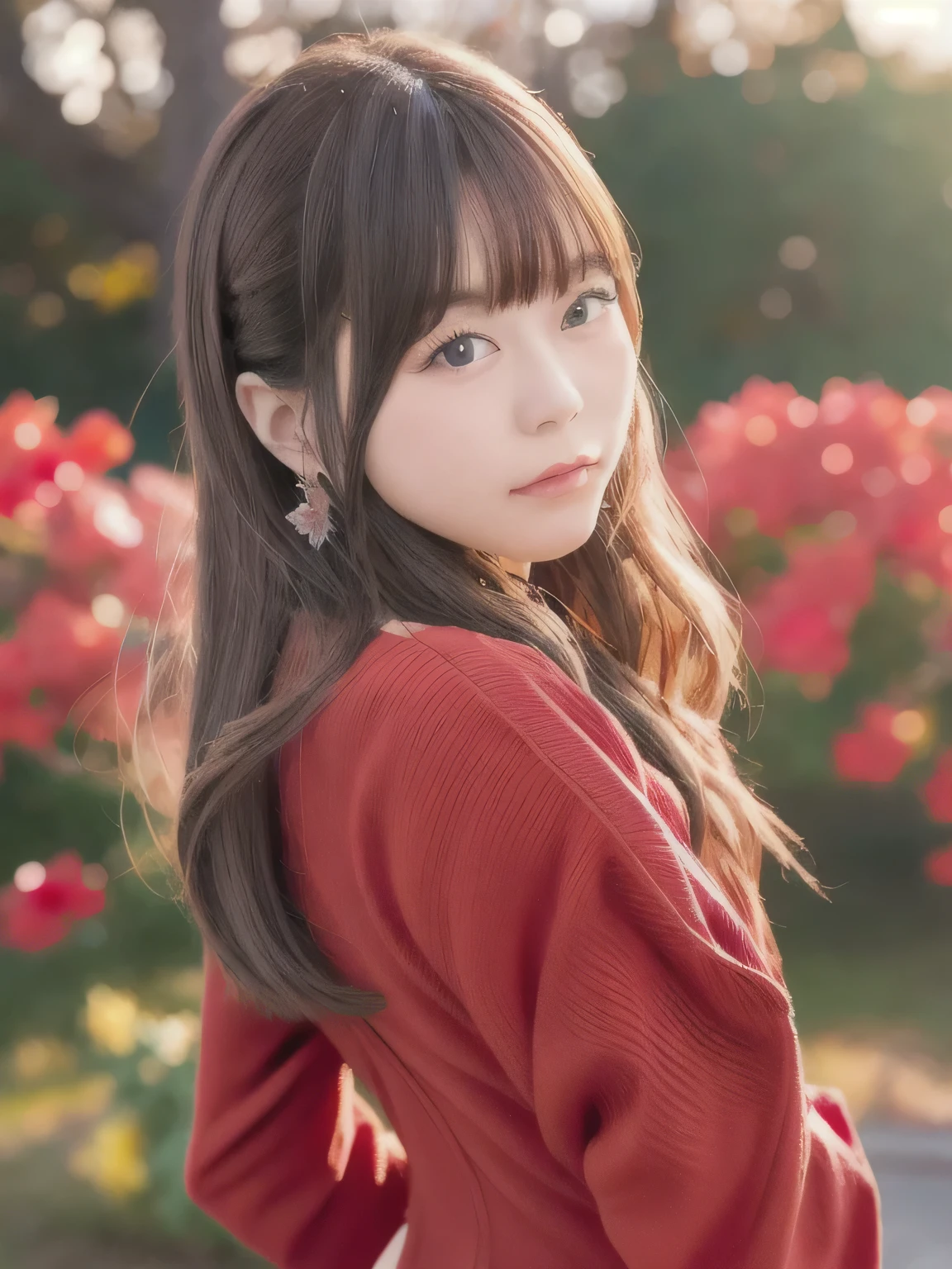 A breathtakingly beautiful 20-year-old woman with a slender physique, dressed in an elegant and luxurious black and red kimono suitable for the Japanese New Year. The background showcases a serene sunrise on New Year's Day, with a traditional Japanese shrine, snow-covered grounds, and vibrant red camellias in full bloom. The scene captures a harmonious blend of traditional beauty and the peaceful atmosphere of a snowy New Year's morning. smiles gently, FRIENDLY. smiles gently, ( RAW photos , top quality ), ( realistic, photo- realistic:1.4), masterpiece, extremely delicate and beautiful, extremely detailed, 2k wallpaper, amazing on the beach, detailed depiction , extremely detailed CG unity 8k wallpaper, Ultra Details, high res, Soft light, beautiful detailed girl looking back, extremely detailed eyes and face, beautiful detailed nose, beautiful detailed eyes, cinematic lighting, Perfect Anatomy, slender body.