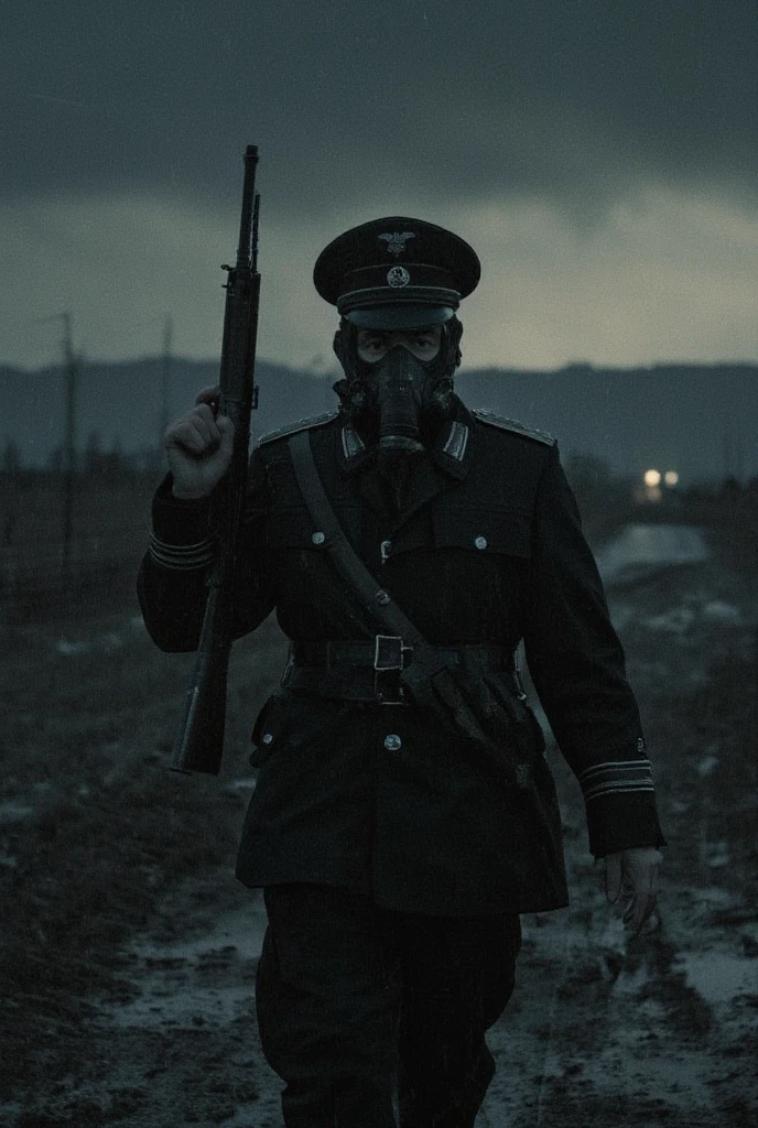 German Waffen SS Soldier in Black Uniform, marching, number of army, police hat on, gas mask, weapons up, rifle, raining storm background, dark evening with rain background, battlefield
