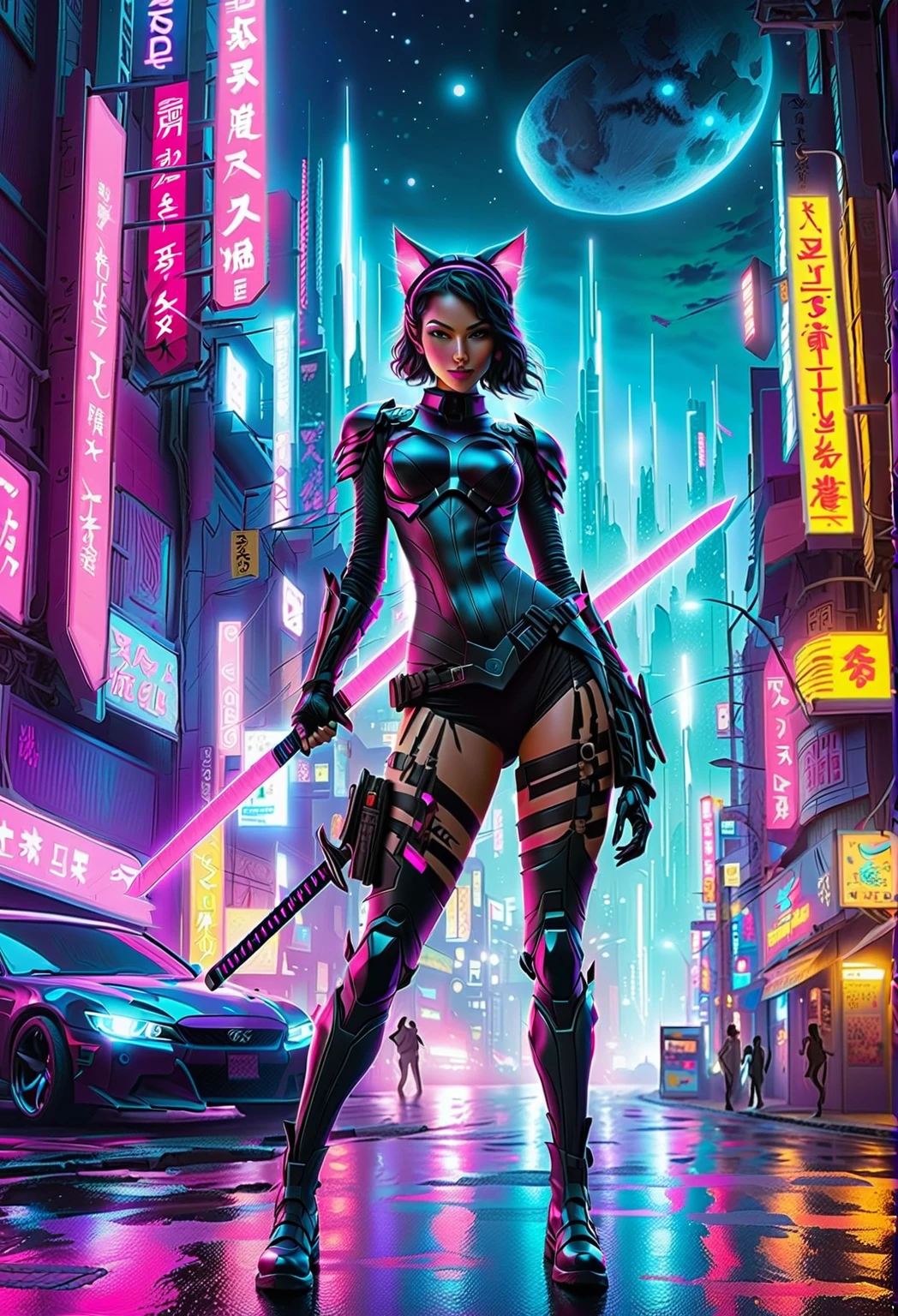 A girl with cat ears in a futuristic cyberpunk city, wearing neon armor, holding a glowing katana. Flying robotic cats in the background. best quality,ultra-detailed,realistic:1.37,moonlit,night scene,glowing stars,soft moonlight,subtle shadows,dimly lit foreground,hints of moonlight on the horizon,dark hues,contrasting light and dark,starlight reflections,glittering embellishments)