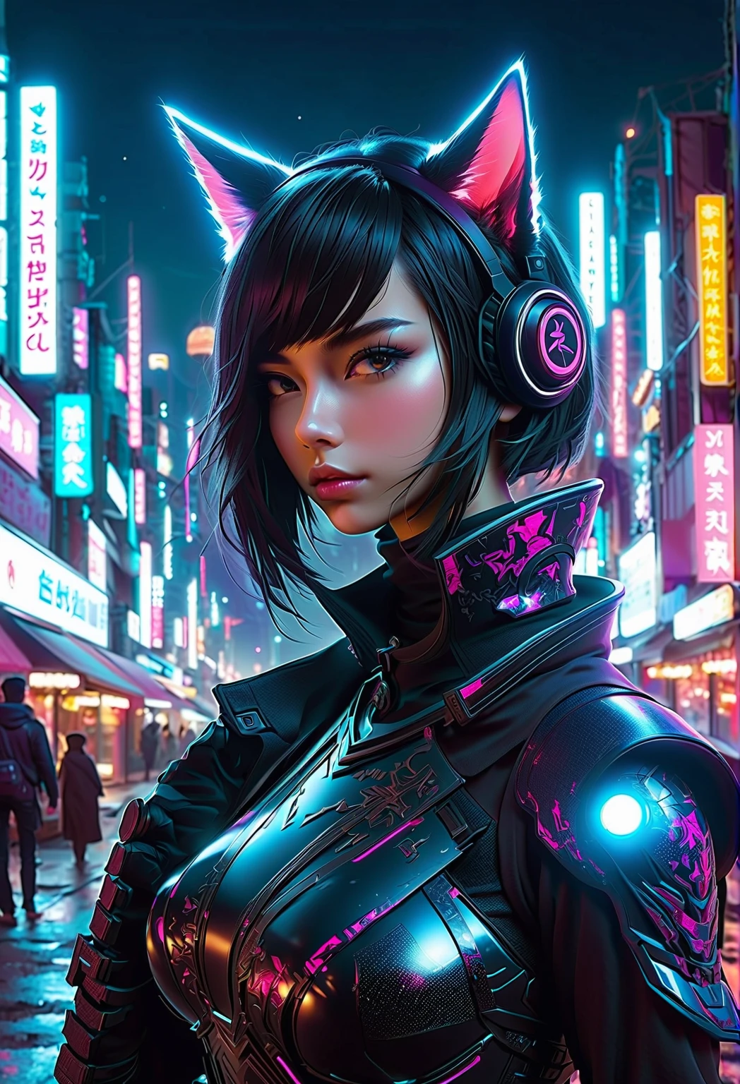 A girl with cat ears in a futuristic cyberpunk city, wearing neon armor, holding a glowing katana. Flying robotic cats in the background. best quality,ultra-detailed,realistic:1.37,moonlit,night scene,glowing stars,soft moonlight,subtle shadows,dimly lit foreground,hints of moonlight on the horizon,dark hues,contrasting light and dark,starlight reflections,glittering embellishments)