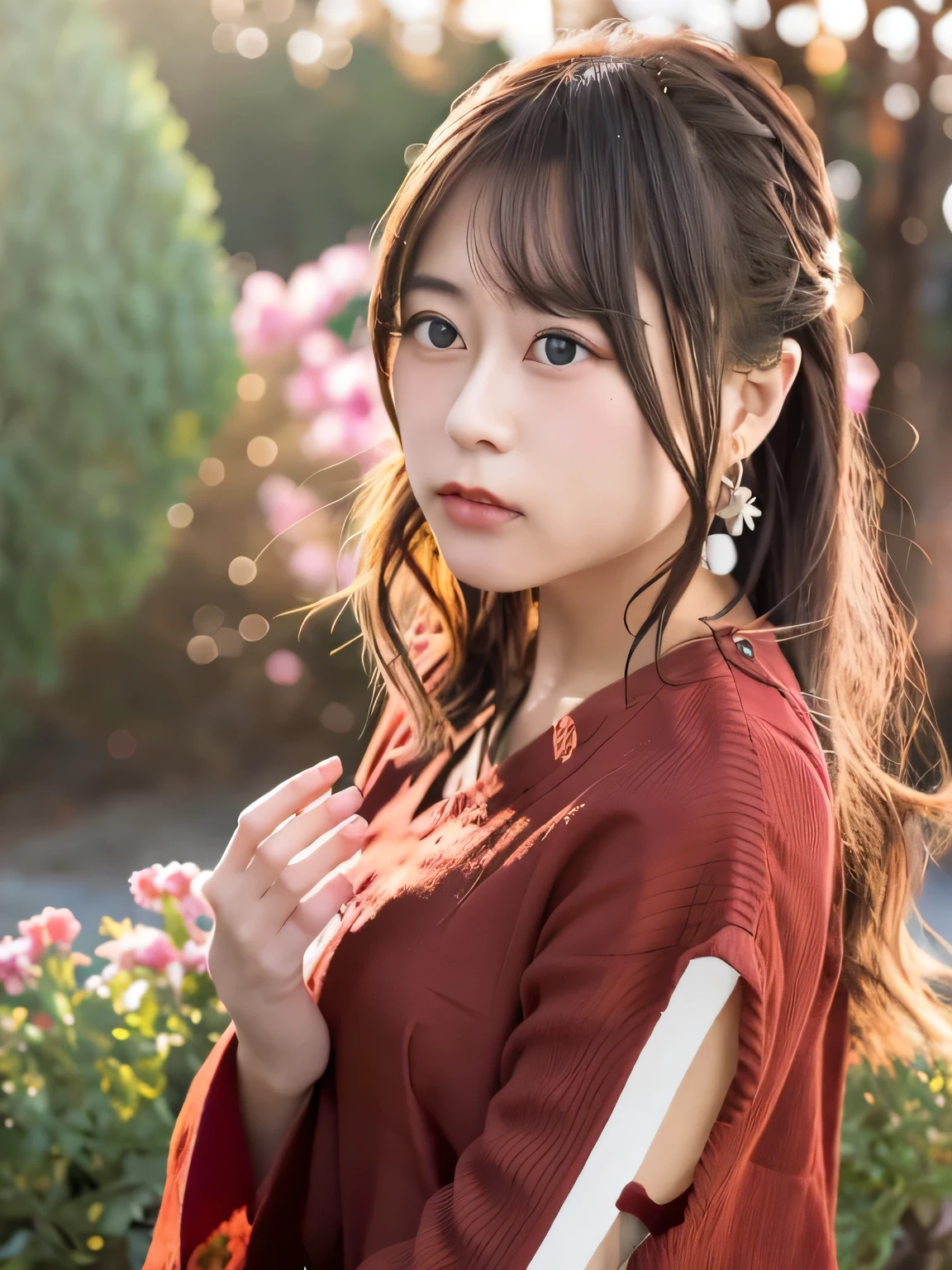 A breathtakingly beautiful 20-year-old woman with a slender physique, dressed in an elegant and luxurious black and red kimono suitable for the Japanese New Year. The background showcases a serene sunrise on New Year's Day, with a traditional Japanese shrine, snow-covered grounds, and vibrant red camellias in full bloom. The scene captures a harmonious blend of traditional beauty and the peaceful atmosphere of a snowy New Year's morning. smiles gently, FRIENDLY. smiles gently, ( RAW photos , top quality ), ( realistic, photo- realistic:1.4), masterpiece, extremely delicate and beautiful, extremely detailed, 2k wallpaper, amazing on the beach, detailed depiction , extremely detailed CG unity 8k wallpaper, Ultra Details, high res, Soft light, beautiful detailed girl looking back, extremely detailed eyes and face, beautiful detailed nose, beautiful detailed eyes, cinematic lighting, Perfect Anatomy, slender body.