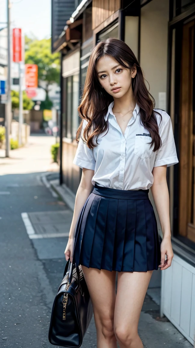 a beautiful 18 year old Japanese high school girl with perfect anatomy, healthy thighs, beautiful legs, beautiful skin, random hair color and style, large breasts, (wearing a Japanese schoolgirl uniform:1.3), (she is standing:1.2), penny loafers, holding a student bag, full body shot, standing on a city street, (best quality,4k,8k,highres,masterpiece:1.3),(extremely detailed:1.2), photorealistic, ultra-detailed, vivid colors, studio lighting, professional, Keiko Kitagawa