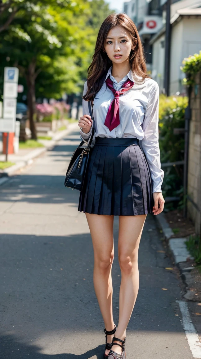 a beautiful 18 year old Japanese high school girl with perfect anatomy, healthy thighs, beautiful legs, beautiful skin, random hair color and style, large breasts, (wearing a Japanese schoolgirl uniform:1.3), (she is standing:1.2), penny loafers, holding a student bag, full body shot, standing on a city street, (best quality,4k,8k,highres,masterpiece:1.3),(extremely detailed:1.2), photorealistic, ultra-detailed, vivid colors, studio lighting, professional, Keiko Kitagawa