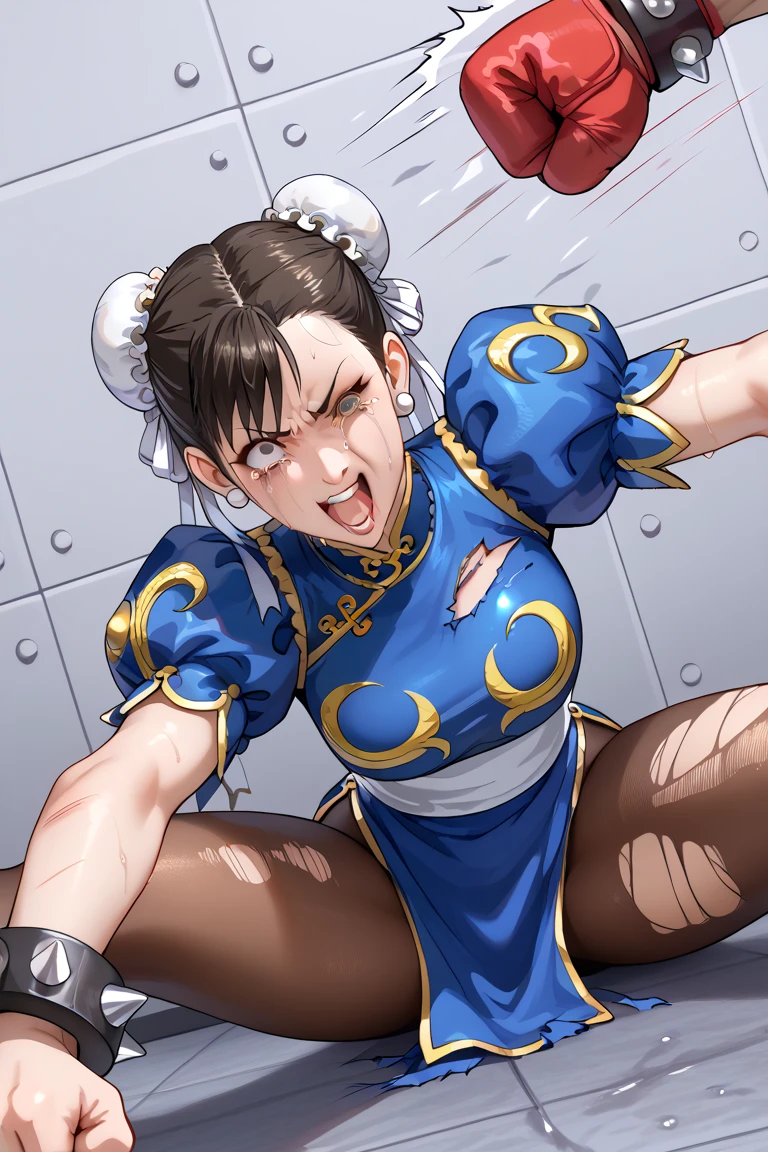 NSFW, gore, beautiful, Chun-li, sf2 chun, 38yo, Super detailed, highest quality, masterpiece, 1girl, tears. Sweat dripping, drooling, blood splattered body, frightened face, Are crying, torn clothes, my cheek is swollen, I got a bruise on my face, scratch跡, scratch, Beaten face, scratch, injury, wear, scratch, Two buns of hair. forehead is swollen, 頬のscratch.eye swelling, shibari, torture, (((wooden horse, crotch rub))), prison, 