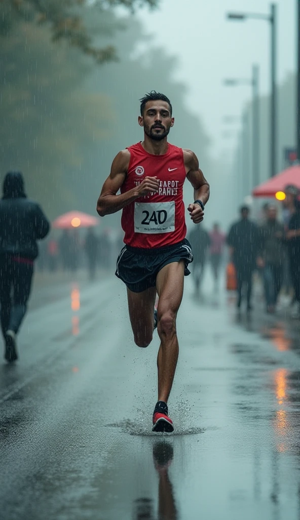<lora:StringerSDXL_v1-000013:0.77>side view, close medium shot of Fares Fares (sexy:1.3) 50 yo. man running a marathon in the rain (wearing:1.1) a loose (red:1.1) (tank top:1.2) stringer shirt with (extreme low-cut dropped side holes, extreme low-cut dropped armholes:1.3), (male nipple slip:1.4), hands down, [(shorts, pants:1.2),:0.05], studio shoot, profissional lighting, sunlight, 4k uhd, dslr, high quality, Fujifilm XT3 <lora:Fares_Fares:0.8>