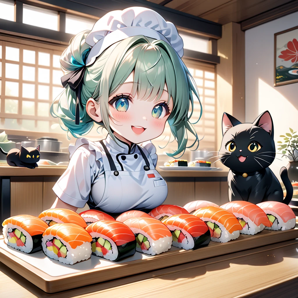 (masterpiece), (ultra-detailed), (best quality), (clear focus), dramatic scene, cinematic, shadow, (ultra-high resolution), (8k), perfect anatomy, perfect face, (detailed face), (detailed eye), (chibi), cute Japanese chibi girl, famous Japanese chibi idol, very beautiful and cute and cool face, (wearing a cute pastel colored sushi chef's uniform:1.2), cute apron,  (large breasts), (She is making sushi at the traditional Japanese sushi restaurant counter with a human-like giant black cat:1.3), (piles of many kind of colorful sushi plates are on the light colored wooden sushi counter), (too many delicious sushi:1.2), sushi with bamboo leaves are on the wooden tray, sitting on Tatami floor, Japanese antique furnishings with bamboo accent, Bonsai, gentle sunlight, professional lighting, the cat looks so happy with her, (there are very cute fat sushi cat rolls on the plate:1.35), (detailed giant fat cat is mewing:1.3), they looks so happy, happy smile