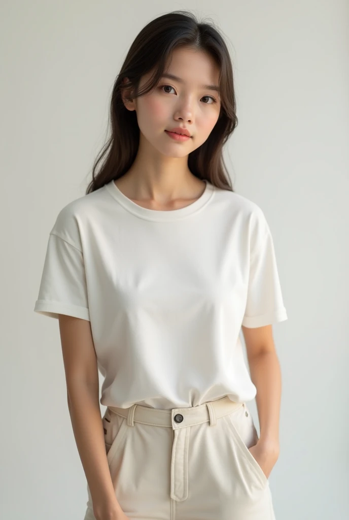 Very beautiful woman、Create beautiful and feminine body photos,Accurate simulation、Female body、Real People、T-Shirts、Thighs、Noriko Sakai、balance
