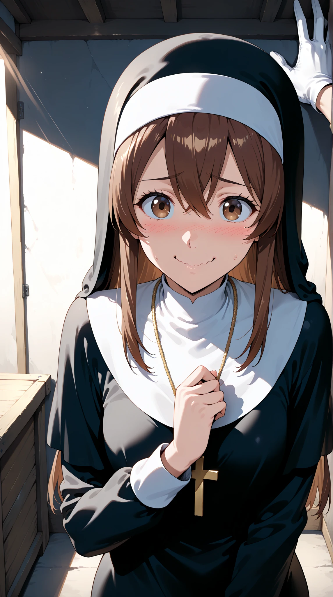 Anime-style character, source_anime, neolight, backlighting, light rays, 1girl, adult woman, beautiful, best perfect anatomy, A pale anime mature woman, nun (black nun habit, cross necklace, white glove:1.1), 1 woman, lonely, deep brown eyes, long hair, deep brown hair, straight hair, waist length hair, bangs, Pretty Face, cute, anime girl with nervous look, embarrassed, little smile, wavy mouth, looking a view, scared poses, medium Up, Single Shot, Shooting from the person, kabedon, pov hands (background : medieval storage room, very small space),