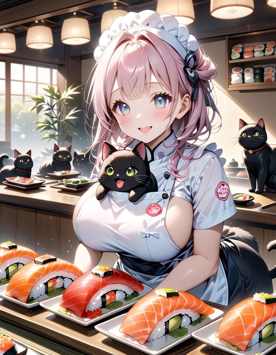 (masterpiece), (ultra-detailed), (best quality), (clear focus), dramatic scene, cinematic, shadow, (ultra-high resolution), (8k), perfect anatomy, perfect face, (detailed face), (detailed eye), (chibi), cute Japanese chibi girl, famous Japanese chibi idol, very beautiful and cute and cool face, (wearing a cute pastel colored sushi chef's uniform:1.2), cute apron,  (large breasts), (She is making sushi at the traditional Japanese sushi restaurant counter with a human-like giant black cat:1.3), (piles of many kind of colorful sushi plates are on the light colored wooden sushi counter), (too many delicious sushi:1.2), sushi with bamboo leaves are on the wooden tray, sitting on Tatami floor, Japanese antique furnishings with bamboo accent, Bonsai, gentle sunlight, professional lighting, the cat looks so happy with her, (there are very cute fat sushi cat rolls on the plate:1.35), (detailed giant fat cat is mewing:1.3), they looks so happy, happy smile